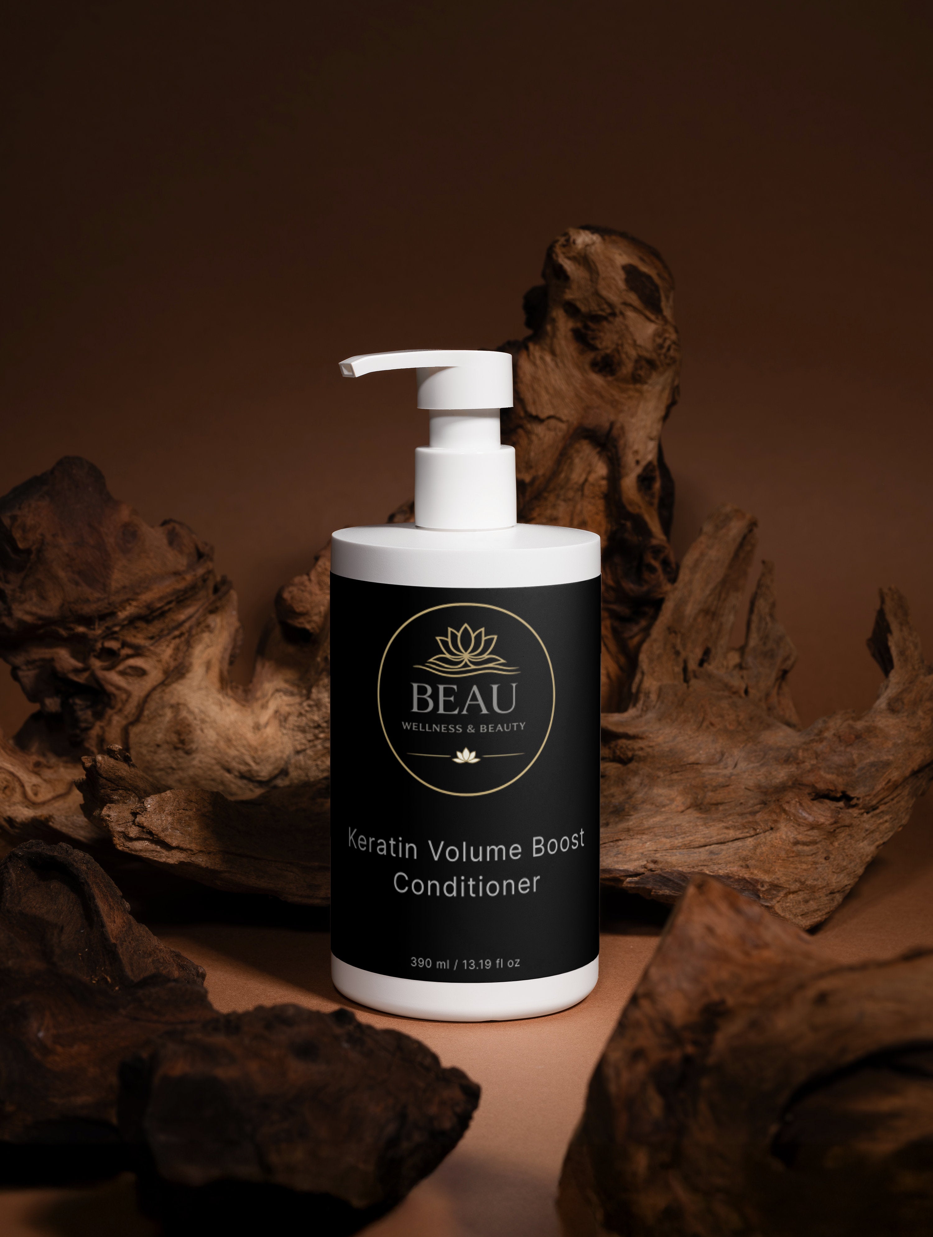 Beau Wellness & Beauty Keratin Volume Boost Shampoo bottle with pump on a brown background