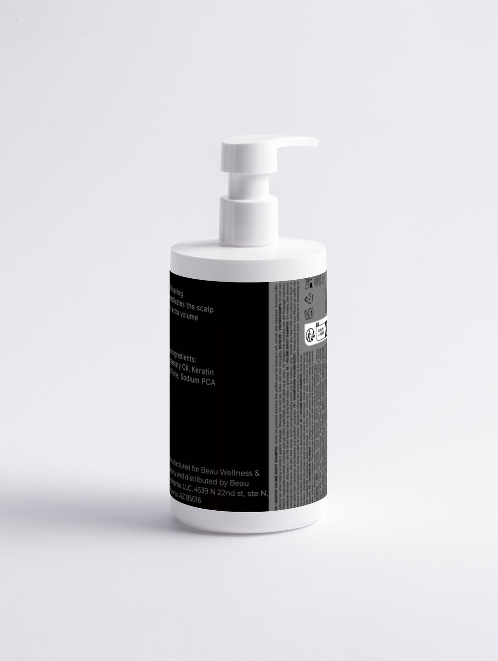Keratin Volume Boost Shampoo by Beau Wellness & Beauty in minimalist white bottle with black label and side grey label with text”

