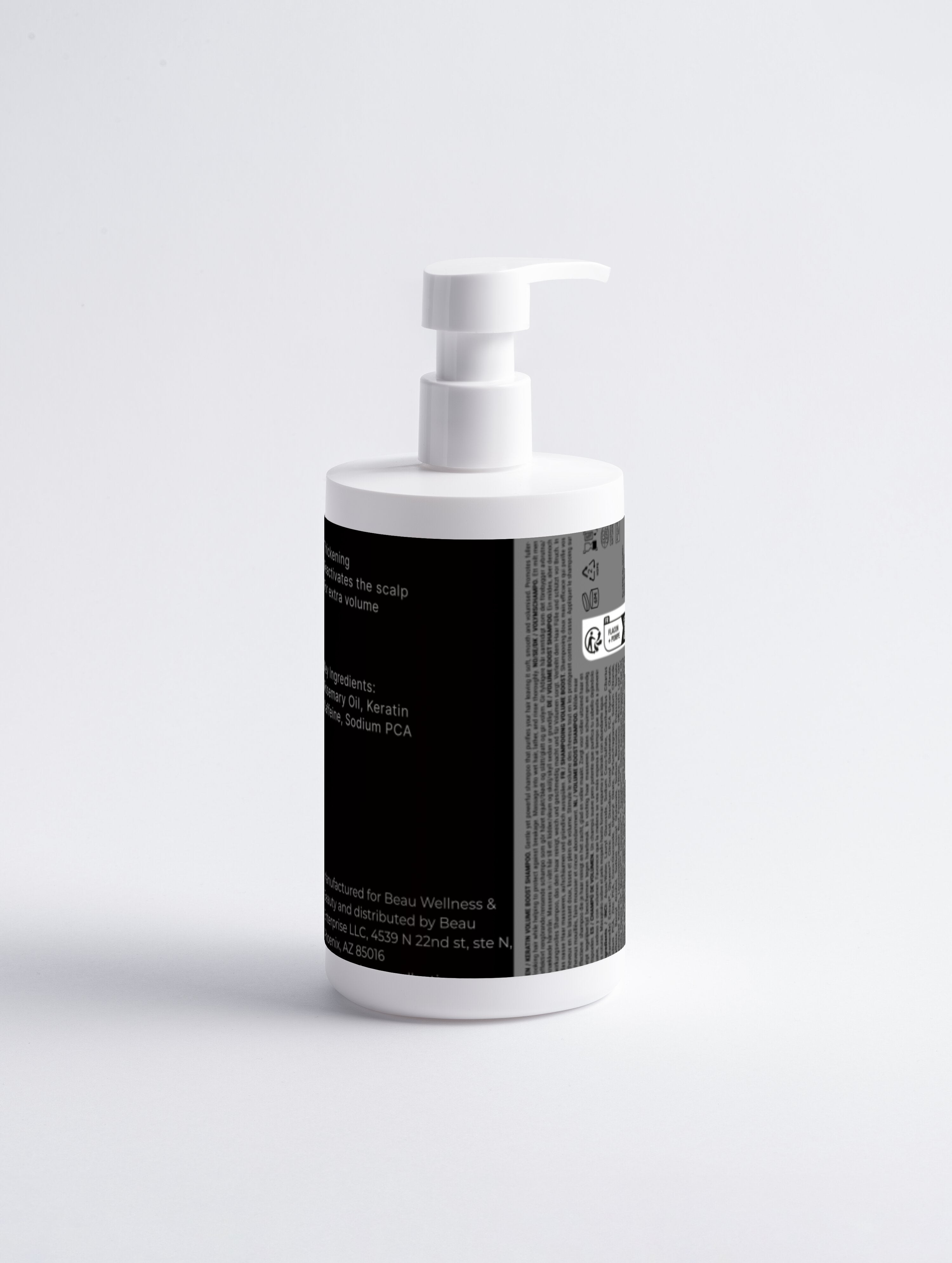 Keratin Volume Boost Shampoo by Beau Wellness & Beauty in minimalist white bottle with black label and side grey label with text”

