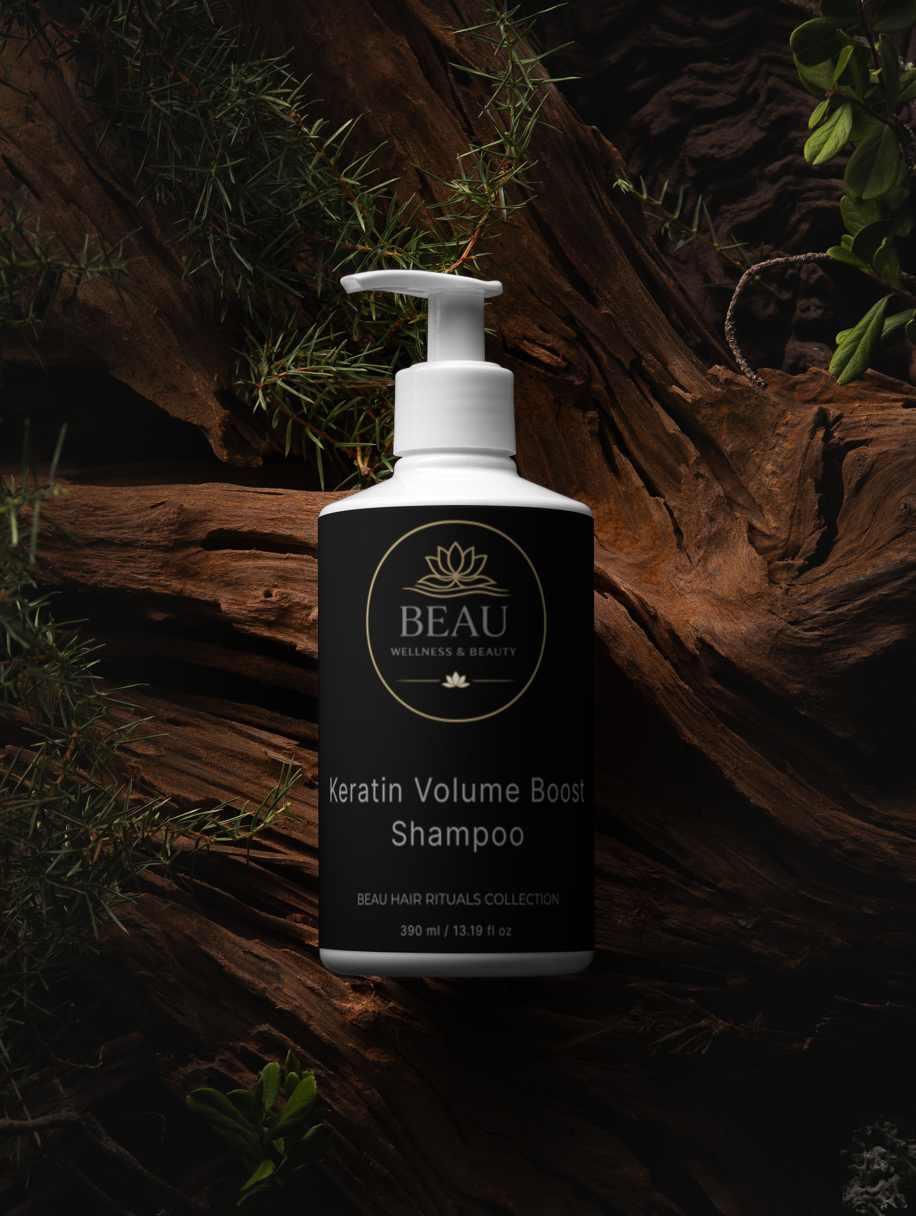 Beau Wellness & Beauty Keratin Volume Boost shampoo bottle with white pump on a wooden background