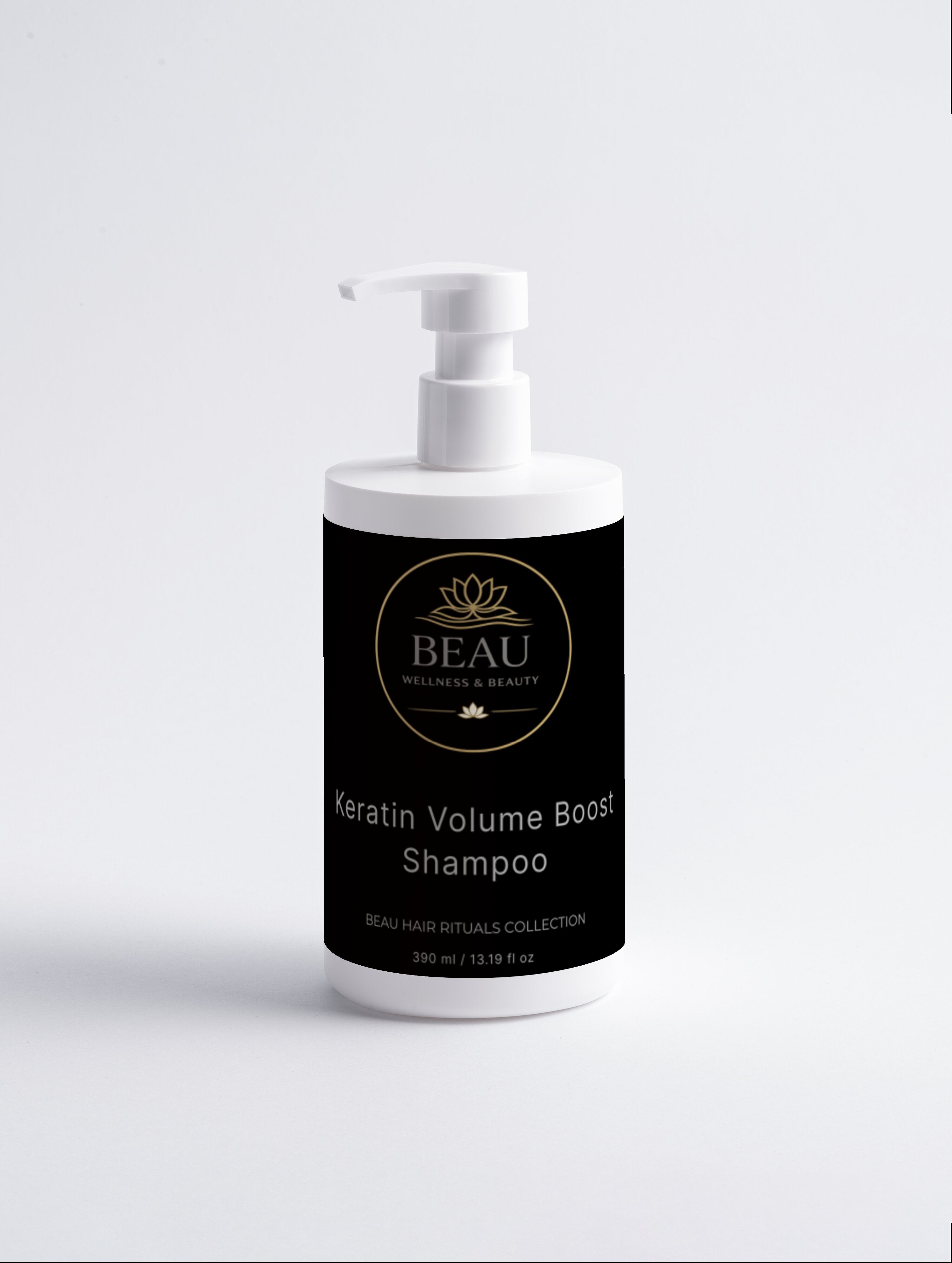 Keratin Volume Boost Shampoo 390 ml by Beau Wellness & Beauty in minimalist white bottle with black label”

