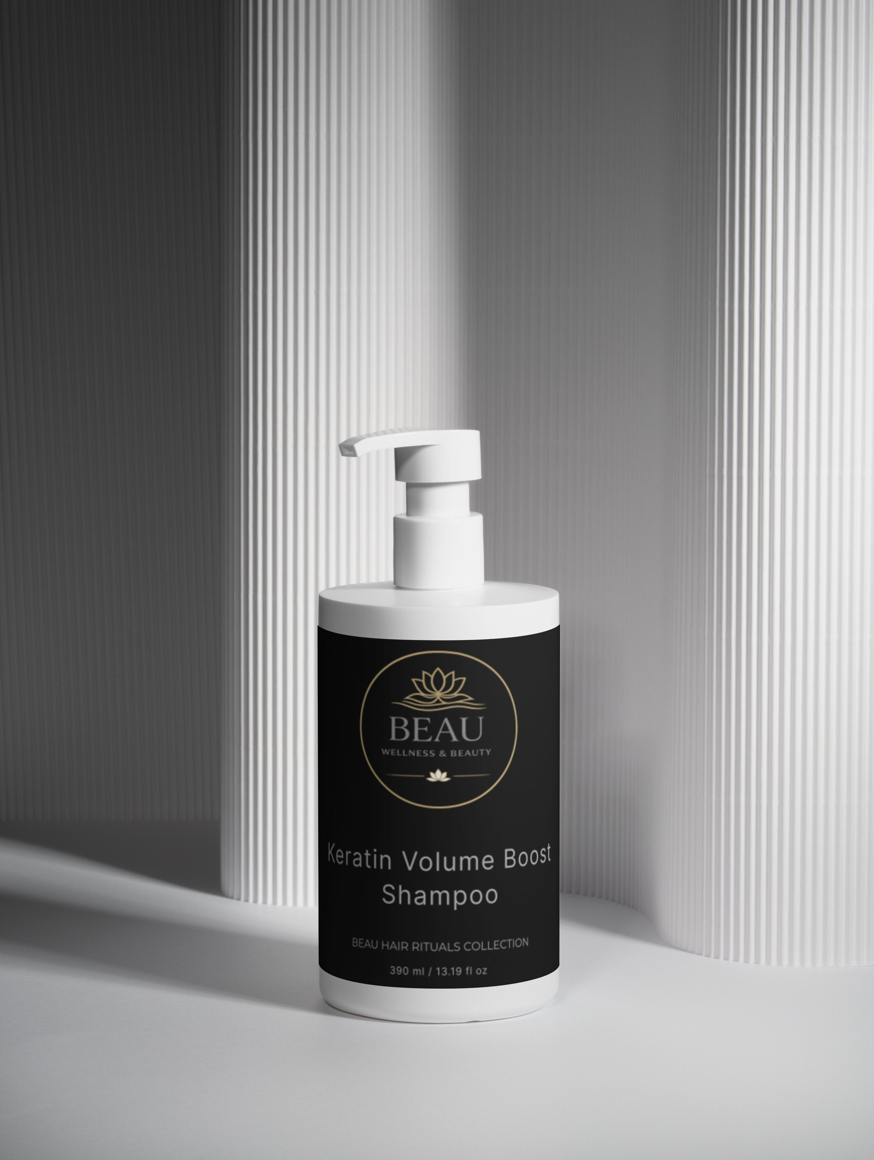 Keratin Volume Boost Shampoo by Beau Wellness & Beauty in minimalist white bottle with black label”

