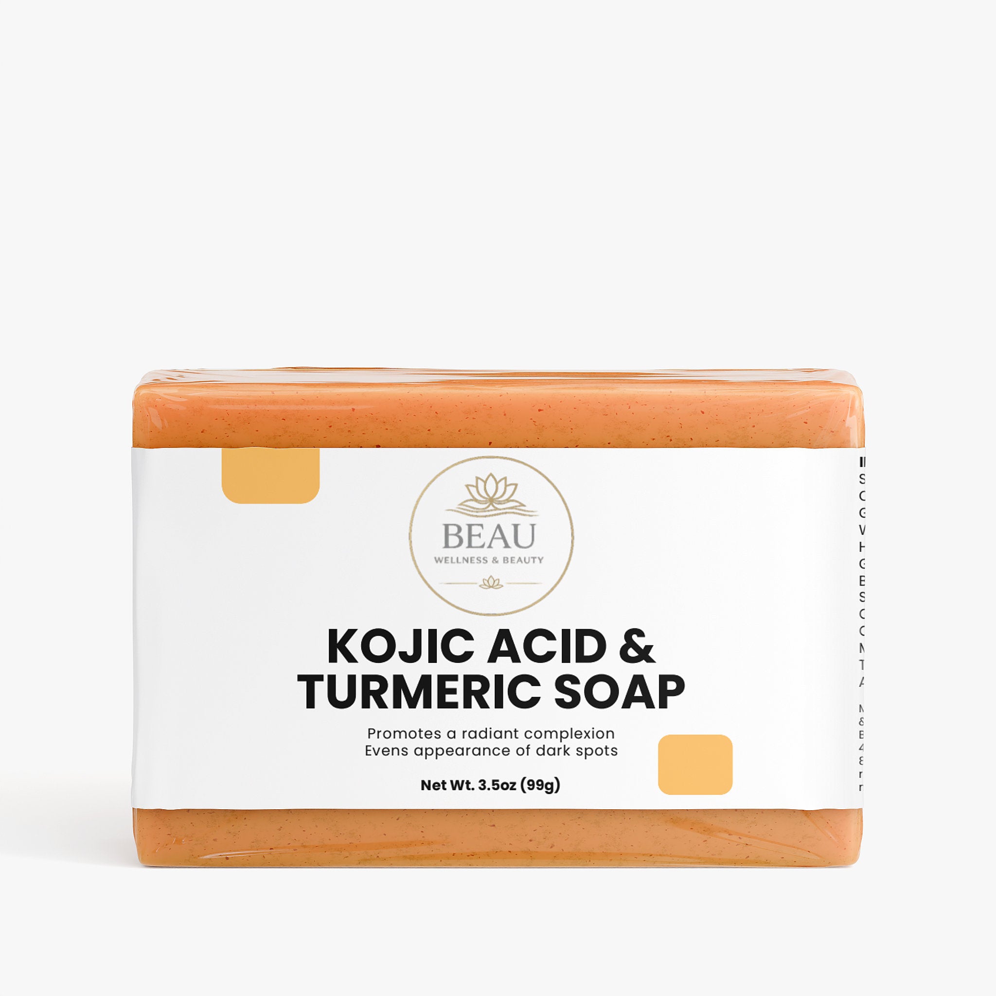 Kojic acid and turmeric soap handcrafted bar with 'BEAU Wellness & Beauty' branding on a white background