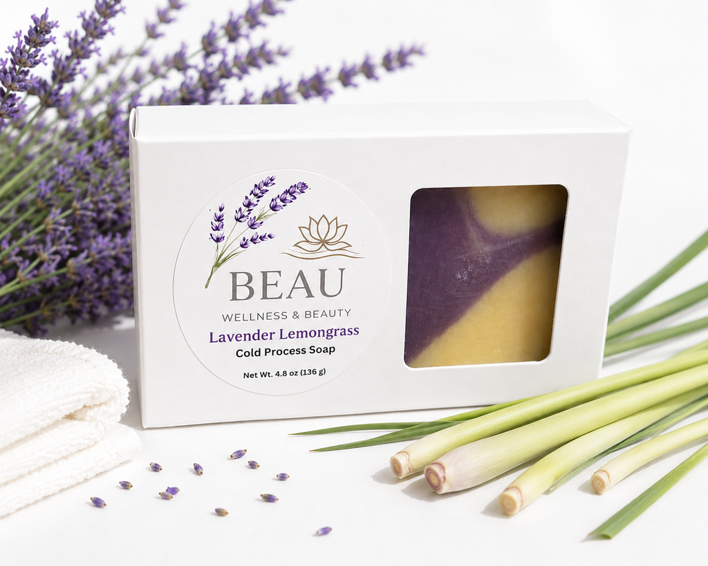 Box of BEAU Wellness & Beauty Lavender Lemongrass handcrafted cold process soap in packaging with lavender and lemongrass on a white background
