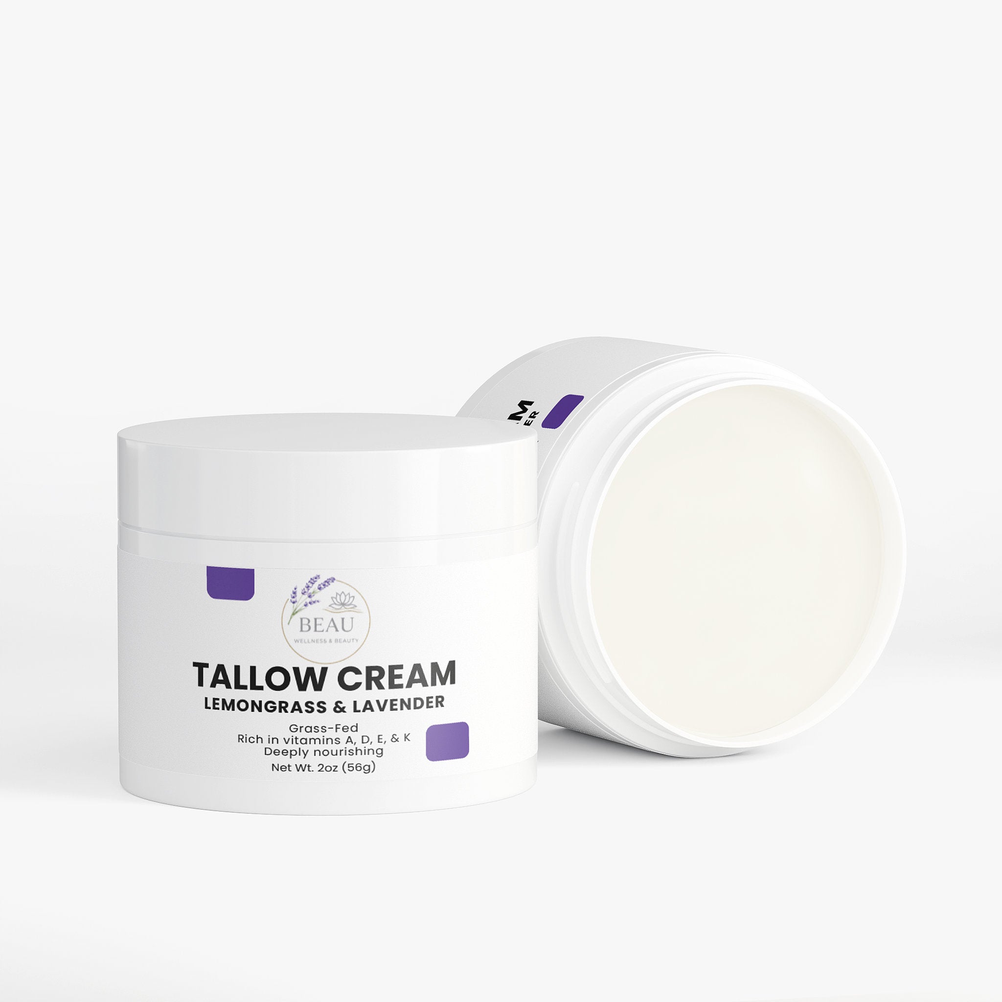 Beau Wellness & Beauty Tallow cream Lemongrass & Lavender 2oz jar with white lid on a white background