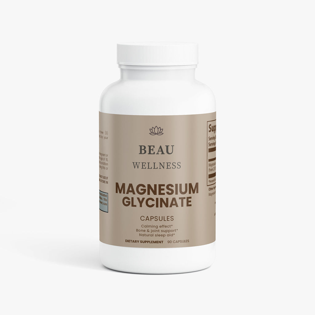 Supplement bottle labeled 'BEAU WELLNESS Magnesium Glycinate' on a white background