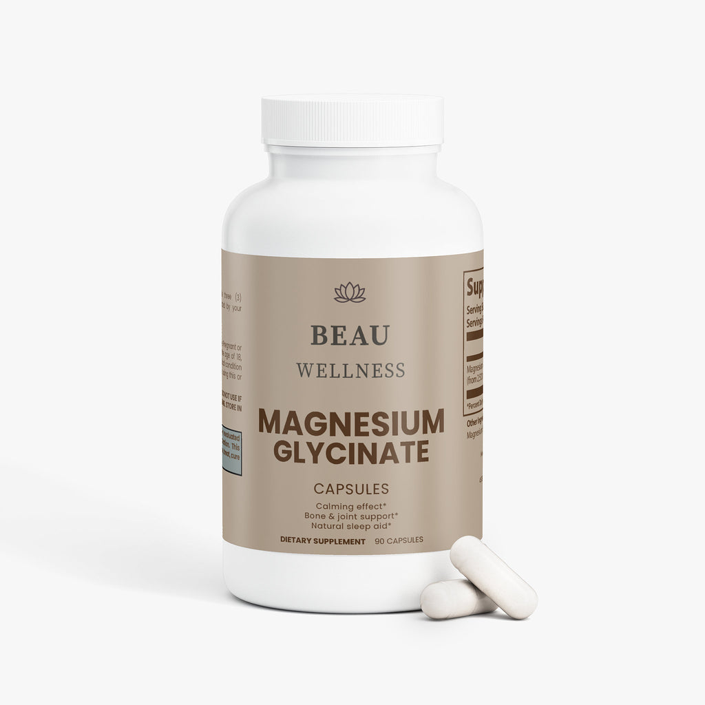 Supplement bottle labeled 'BEAU WELLNESS Magnesium Glycinate' on a white background