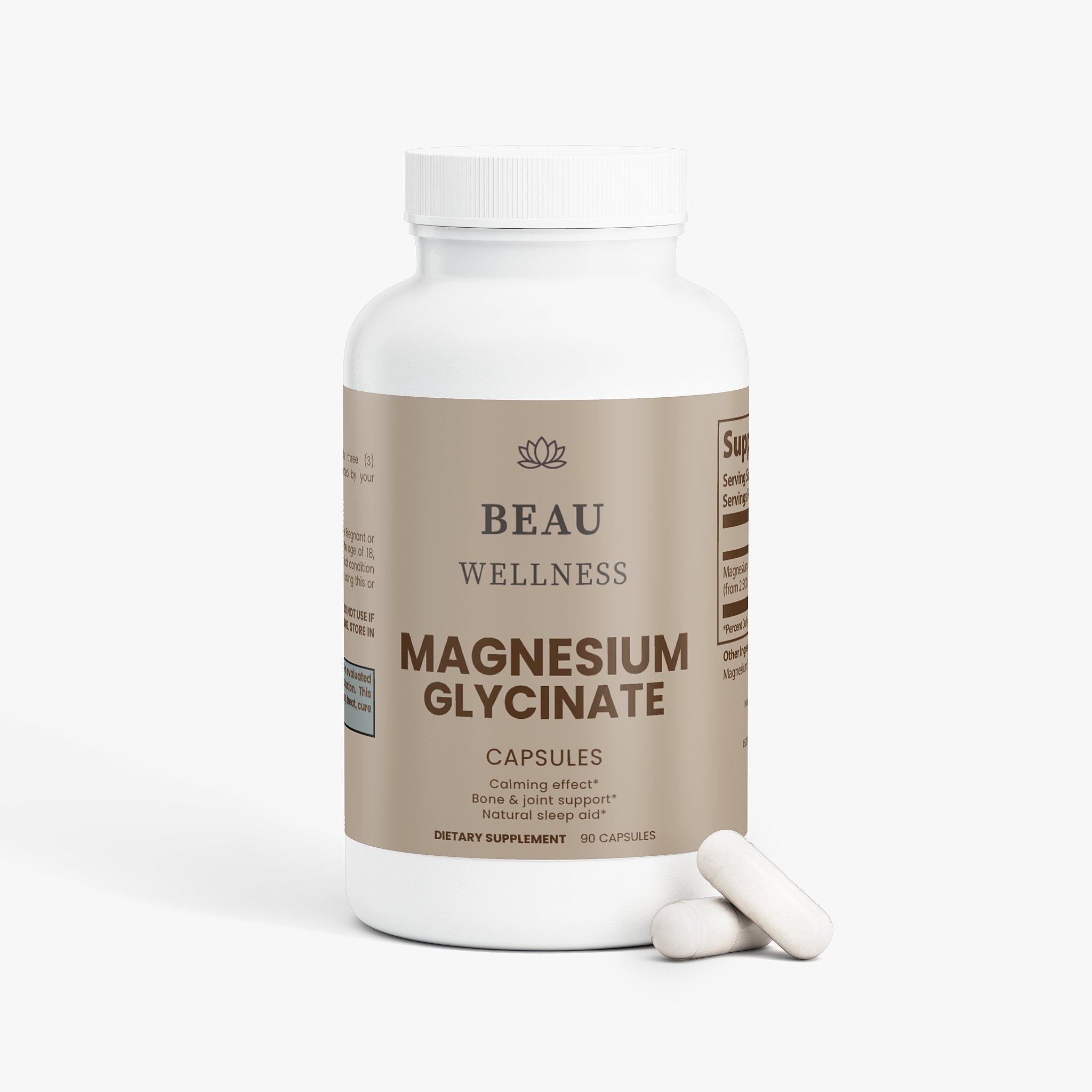 Supplement bottle labeled 'BEAU WELLNESS Magnesium Glycinate' on a white background