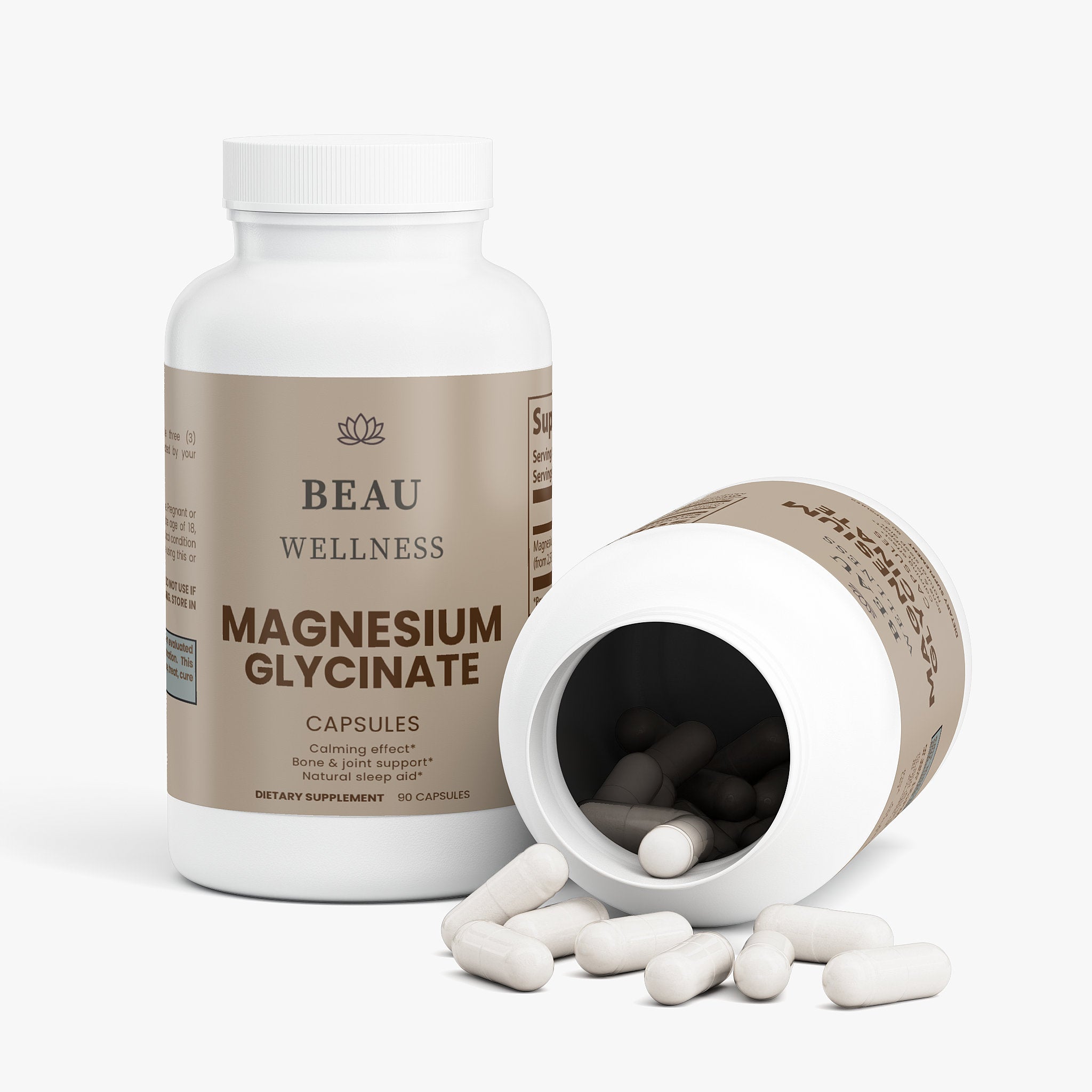 Supplement bottle labeled 'BEAU WELLNESS Magnesium Glycinate' with open cap showing capsules on a white background.