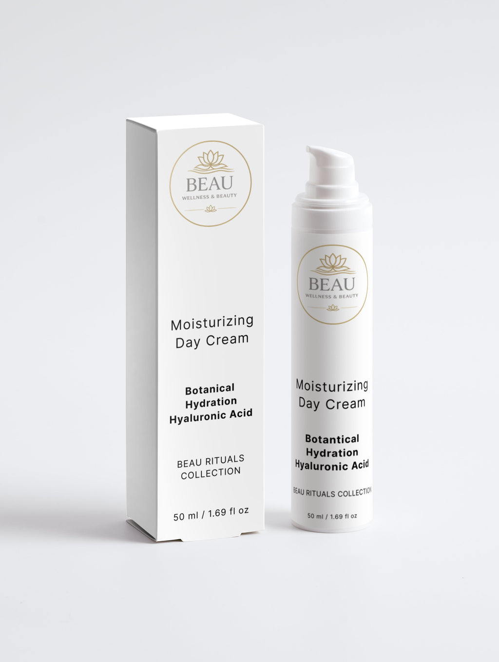 Beau Wellness & Beauty Moisturizing Day Cream  with hyaluronic acid bottle and box packaging Beau Rituals Collection