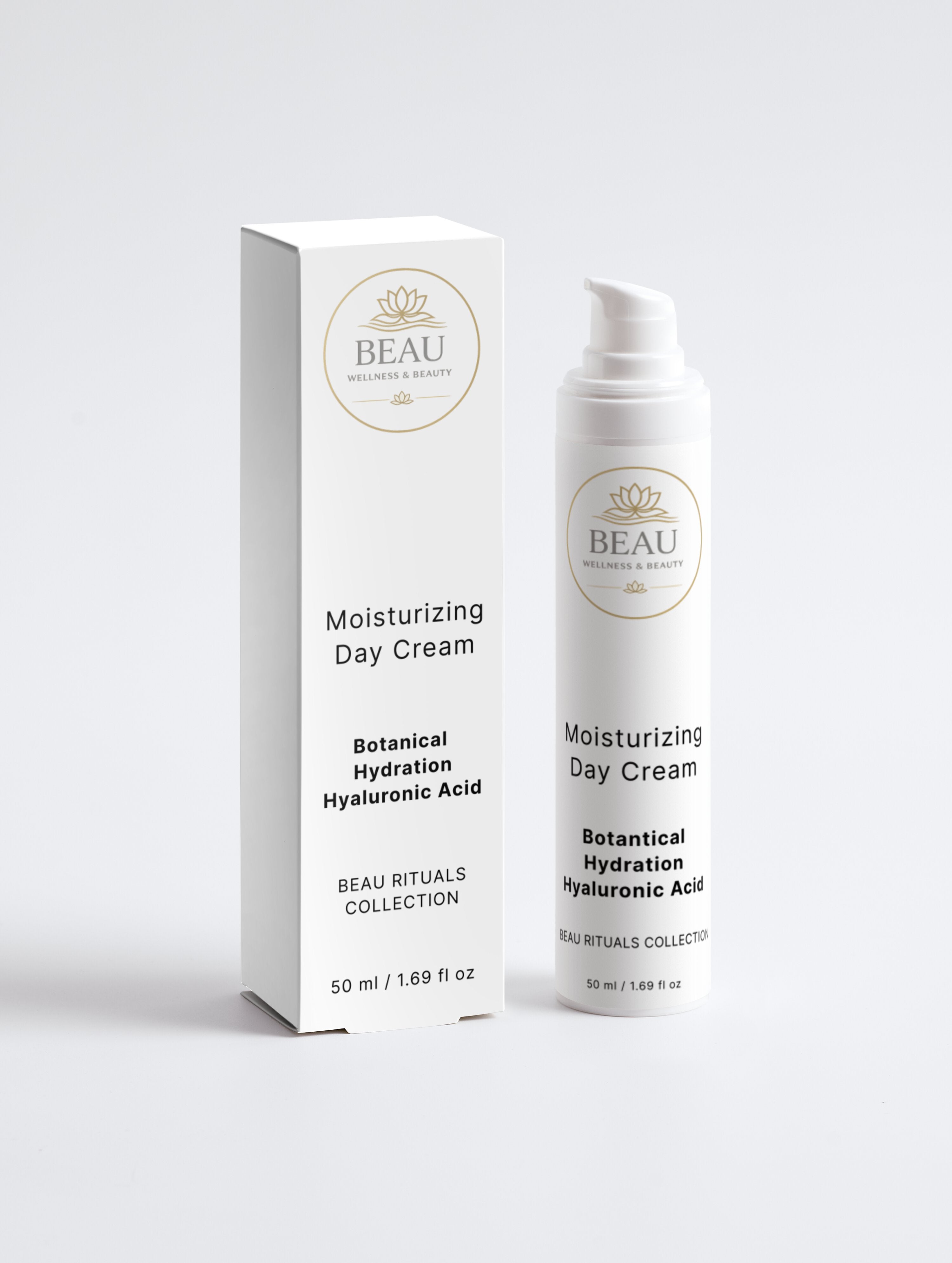 Beau Wellness & Beauty Moisturizing Day Cream  with hyaluronic acid bottle and box packaging Beau Rituals Collection