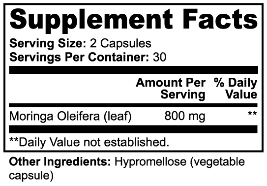 Nutrition facts label of Beau Wellness Moringa Pure Oleifera Capsules - Nutrient-Rich Green Superfood Supplement⁠ on white background.