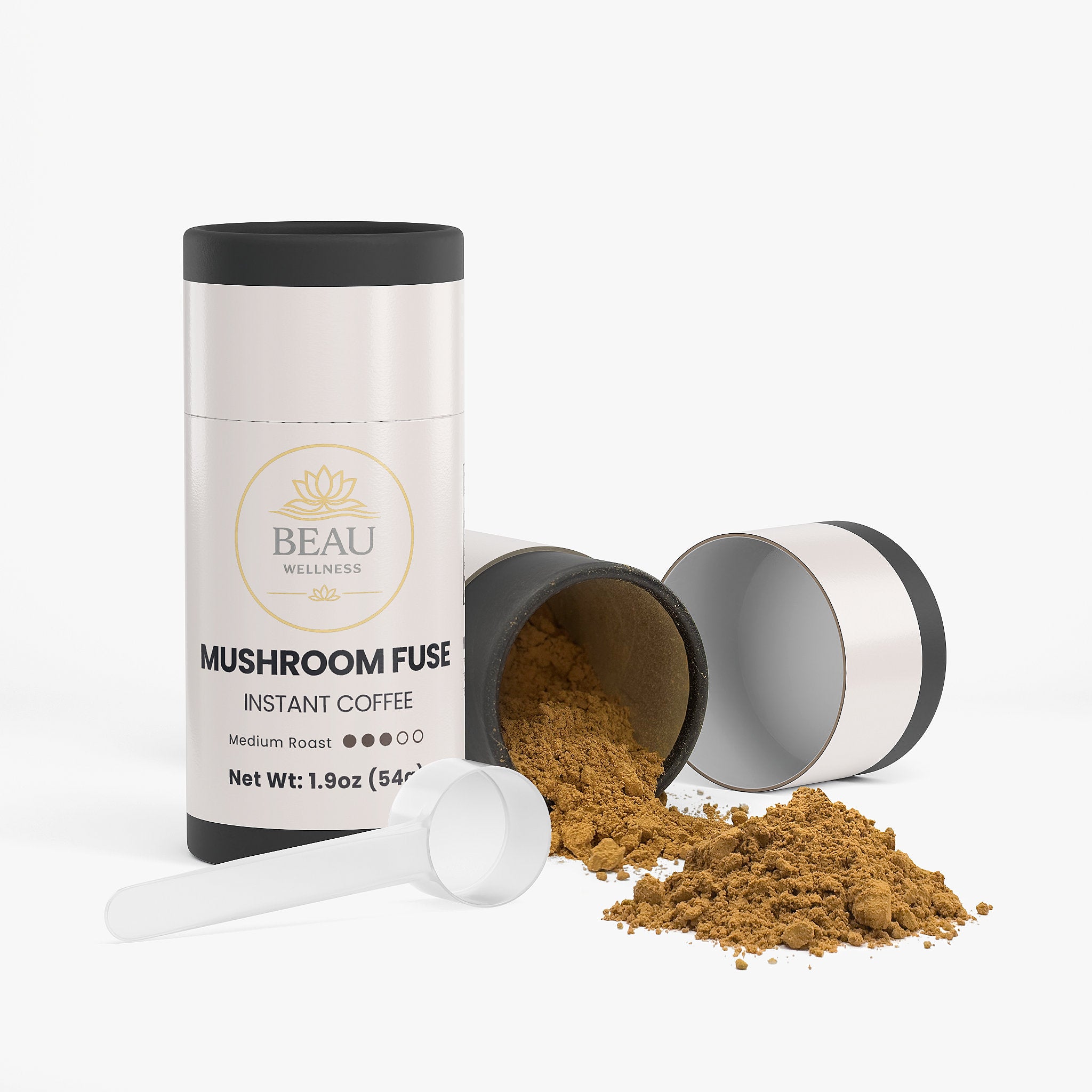 Beau Wellness Mushroom Fuse Instant Coffee with Lion's Mane and Chaga – medium roast single origin Papua New Guinea blend for focus, clean energy and calm – vegan, halal on a white background