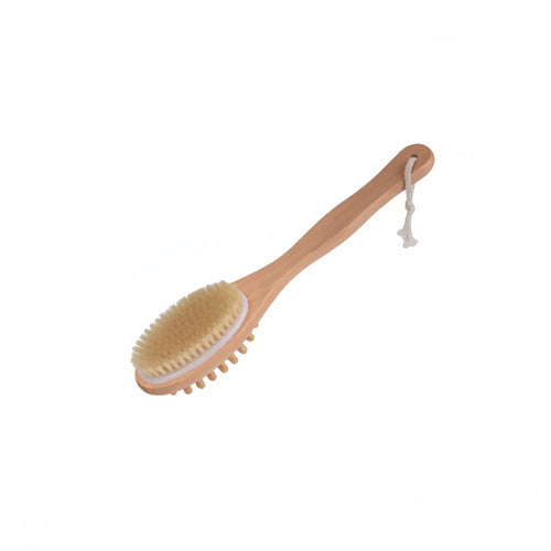 Natural boar bristle bath and body massage brush with long wooden handle for dry brushing and exfoliation, by Beau Wellness & Beauty