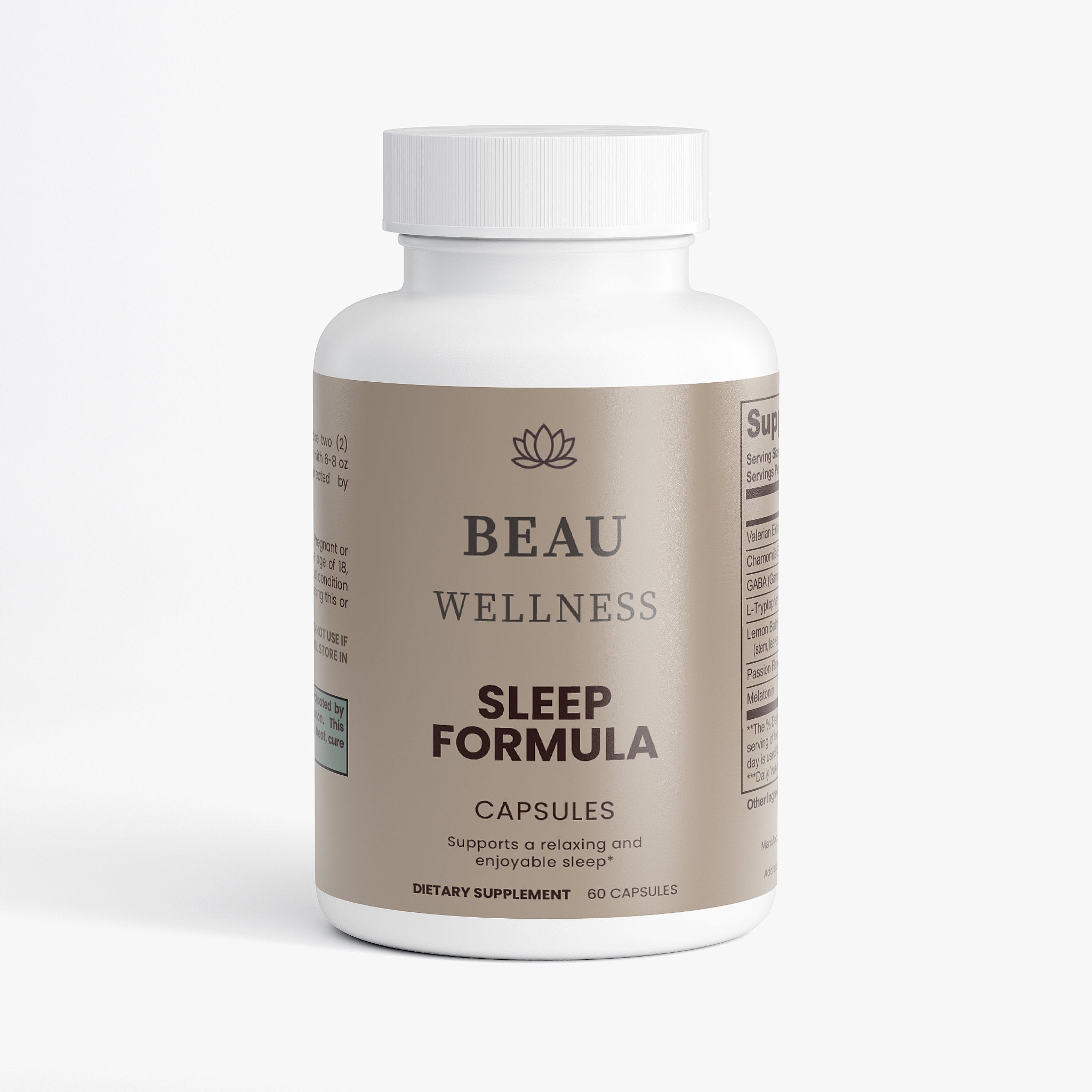 Beau Wellness Sleep Formula supplement bottle featuring natural ingredients like GABA, Melatonin, and Valerian Extract to support a restorative sleep cycle for adults.⁠