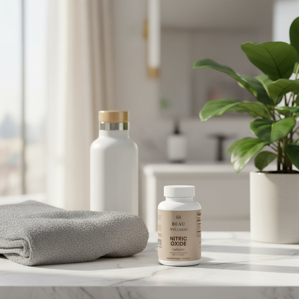 Tree bottles of Beau Wellness Nitric Oxide capsules with L-Arginine and L-Citrulline for muscle growth, circulation, and exercise performance on white background.