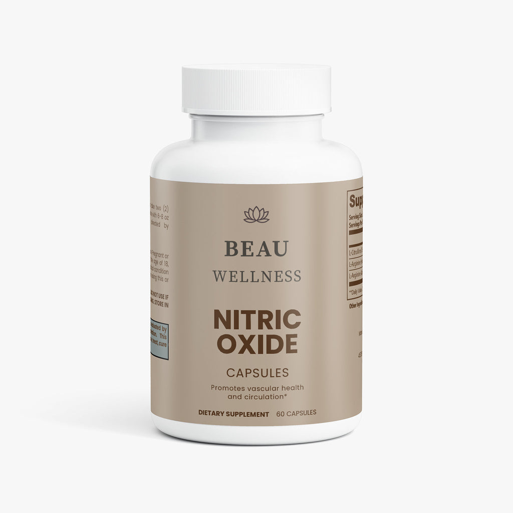 Beau Wellness Nitric Oxide capsules with L-Arginine and L-Citrulline for muscle growth, circulation, and exercise performance on white background.