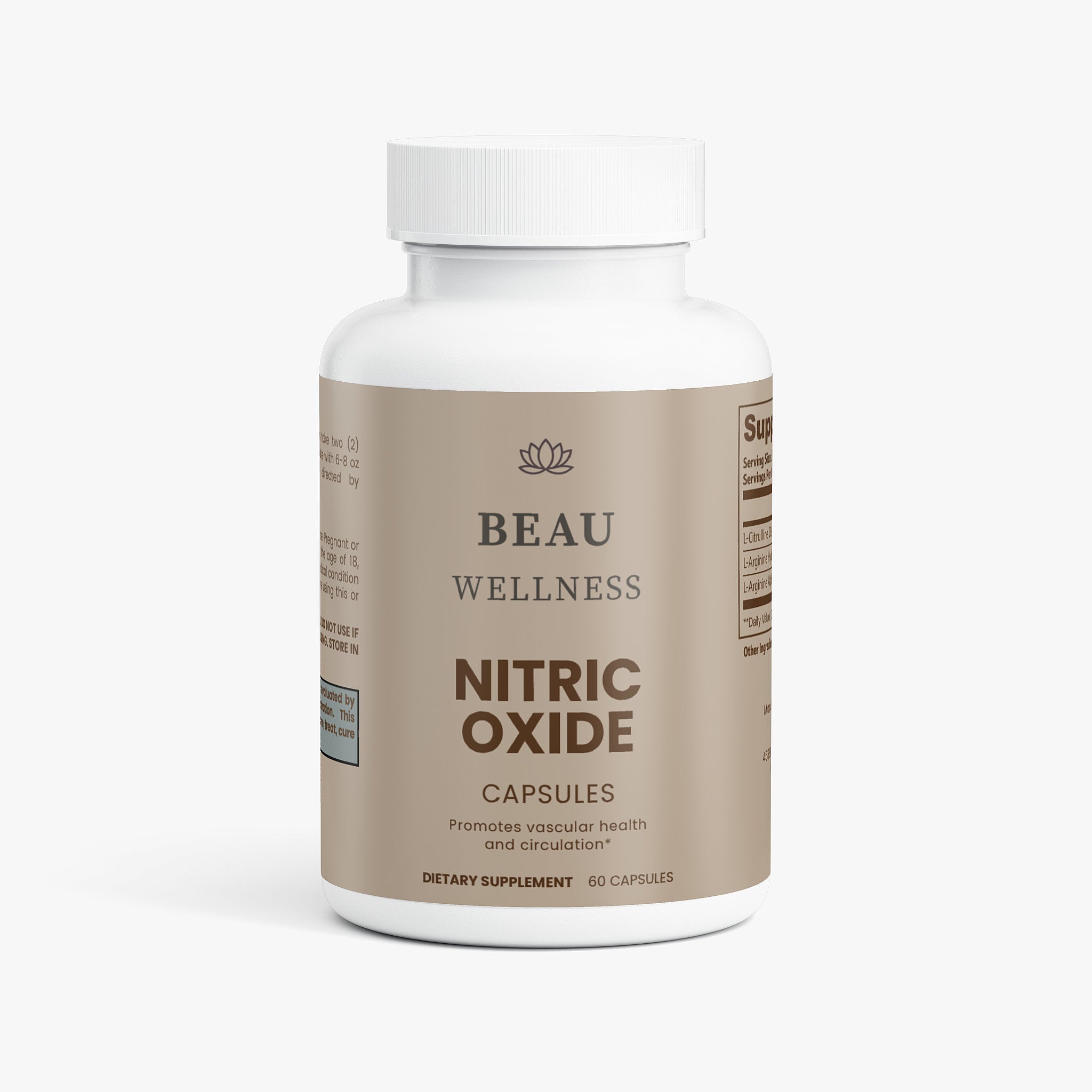 Beau Wellness Nitric Oxide capsules with L-Arginine and L-Citrulline for muscle growth, circulation, and exercise performance on white background.