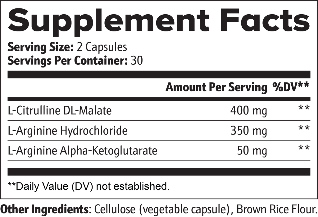 Nutritional facts label of ingredients for Beau Wellness Nitric Oxide with L-Arginine and L-Citrulline 