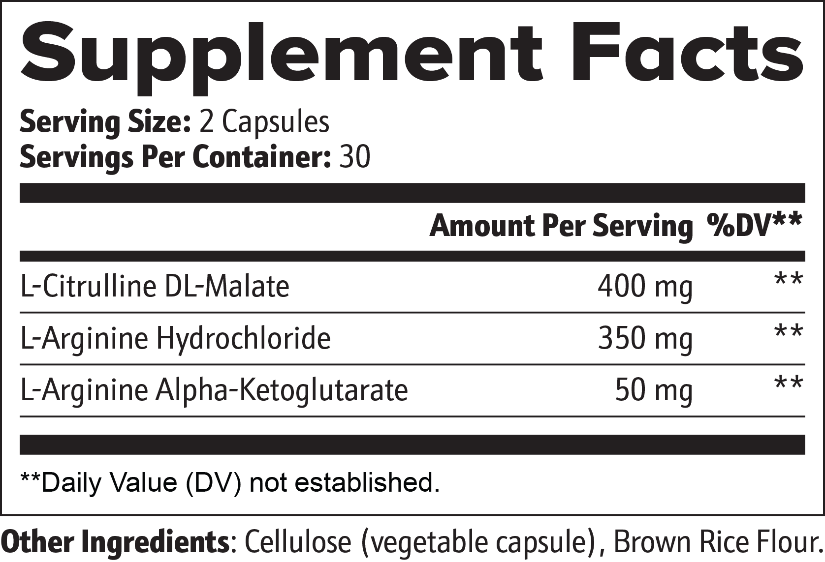 Nutritional facts label of ingredients for Beau Wellness Nitric Oxide with L-Arginine and L-Citrulline 