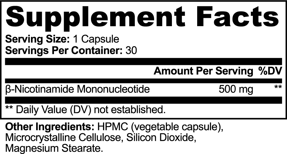 Nutrition facts label for Beau Wellness NMN 500mg capsules for cellular energy metabolism, NAD plus production, longevity, and healthy aging support."
