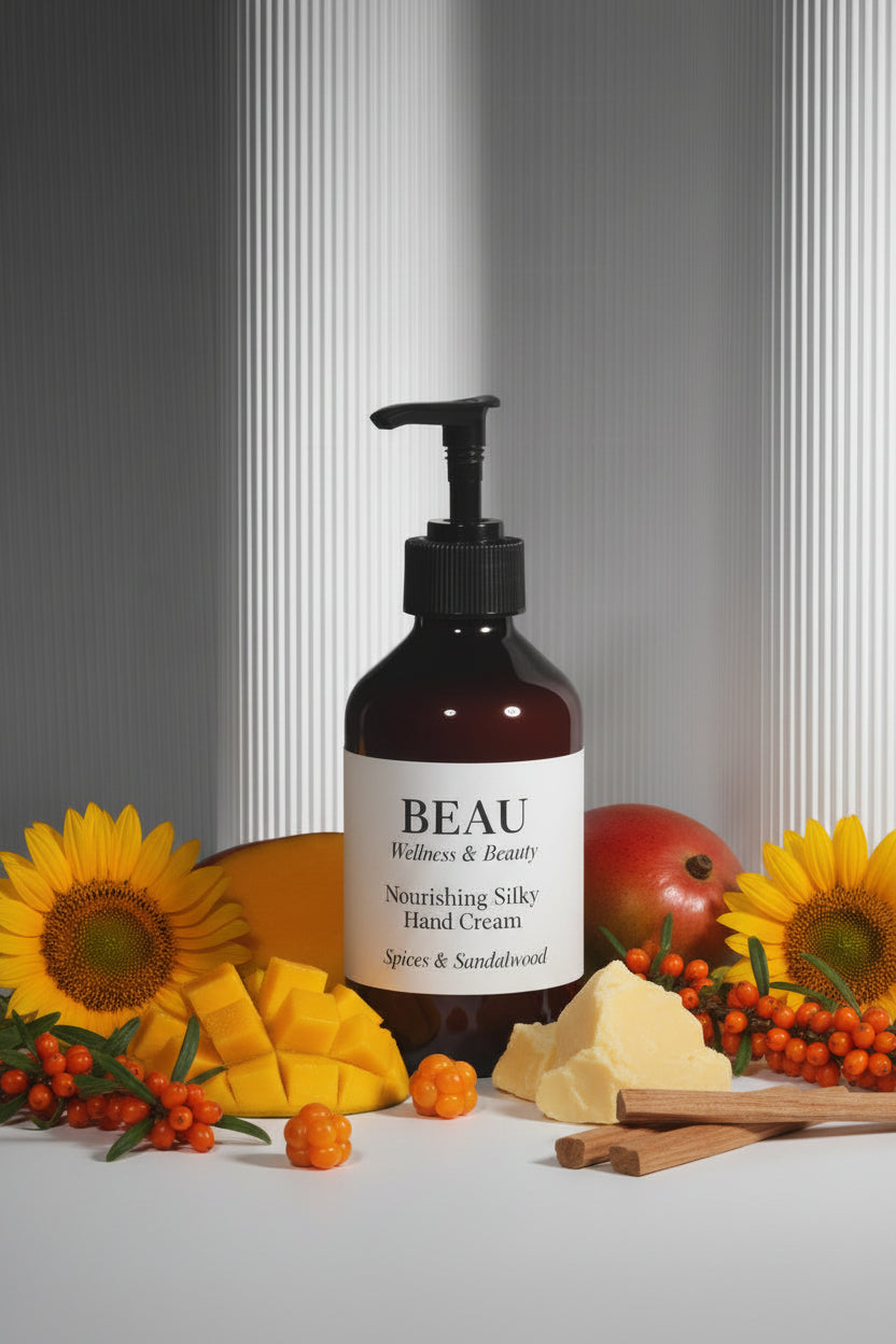 Beau Wellness & Beauty Nourishing Silky Hand Cream -spices & Sandalwood with sunflowers, coco butter and mango on a white lined column background