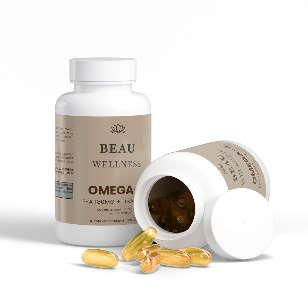 Two bottles , one opened with pills falling out of Beau Wellness Omega-3 Fish Oil softgels with 180mg EPA and 120mg DHA for heart, brain, and cholesterol support on white background.