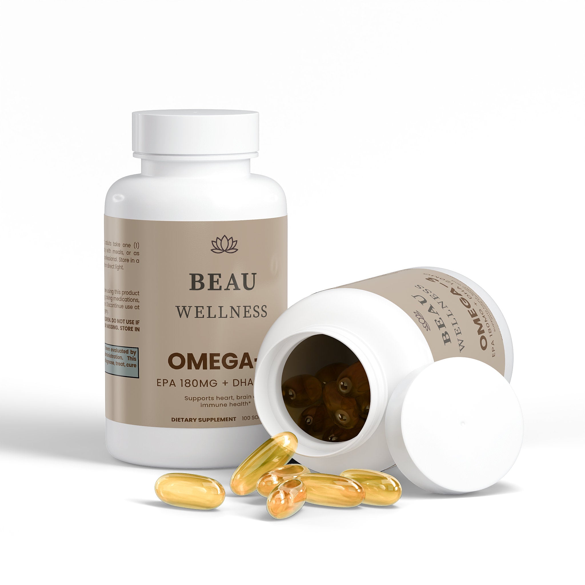 Two bottles , one opened with pills falling out of Beau Wellness Omega-3 Fish Oil softgels with 180mg EPA and 120mg DHA for heart, brain, and cholesterol support on white background.