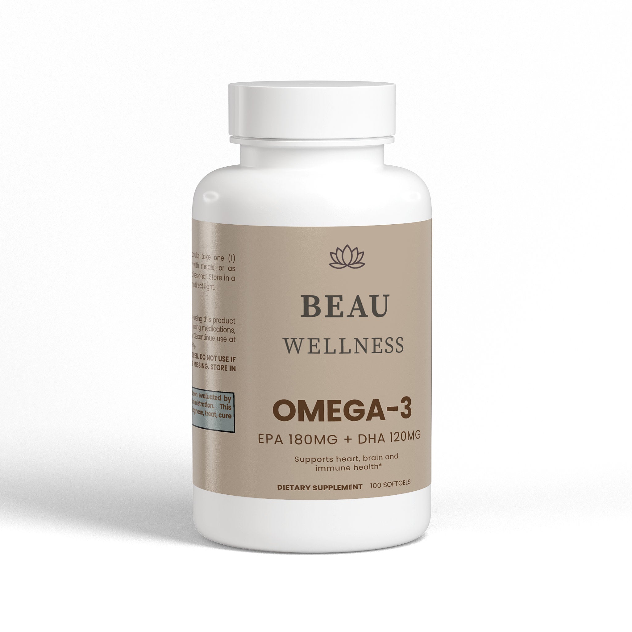 Beau Wellness Omega-3 Fish Oil softgels with 180mg EPA and 120mg DHA for heart, brain, and cholesterol support on white background.
