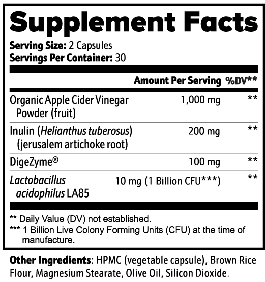 Supplement facts label with detailed nutritional information of Beau Wellness Organic Apple Cider Vinegar on a white background