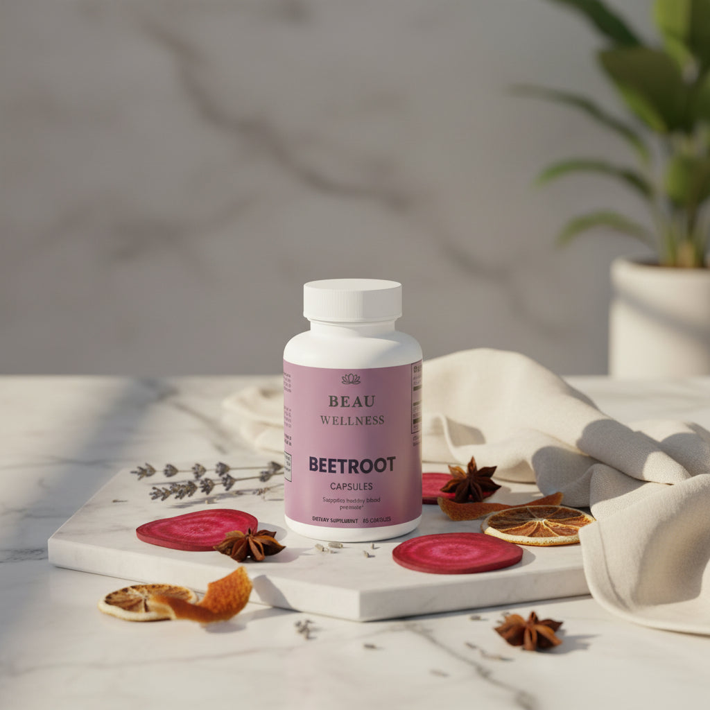 Three bottles of Beau Wellness Organic Beet Root Capsules 1300mg for cardiovascular health, natural nitric oxide booster, blood flow, and athletic endurance support."