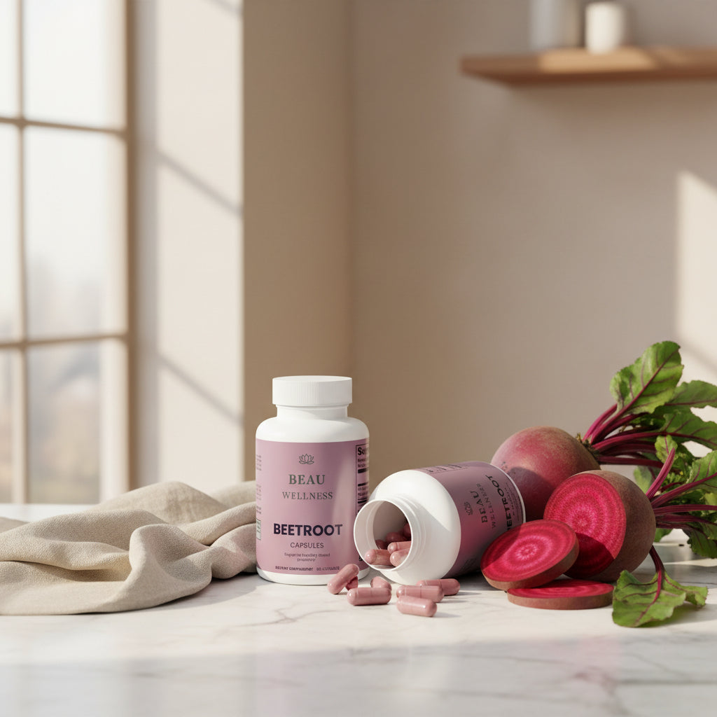 Beau Wellness Organic Beet Root Capsules 1300mg for cardiovascular health, natural nitric oxide booster, blood flow, and athletic endurance support."