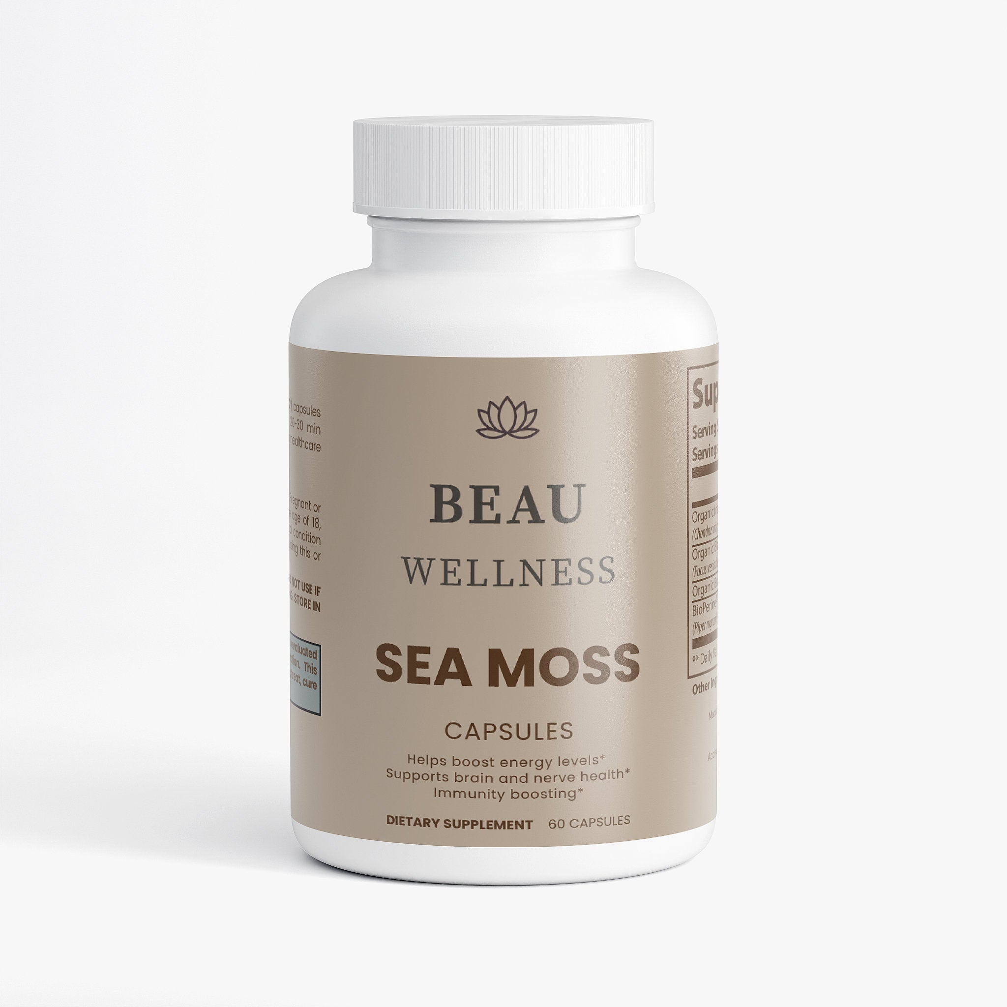 Beau Wellness Organic Sea Moss Capsules with Bladderwrack, Burdock Root, and BioPerine for thyroid, immune, and energy support on white background.