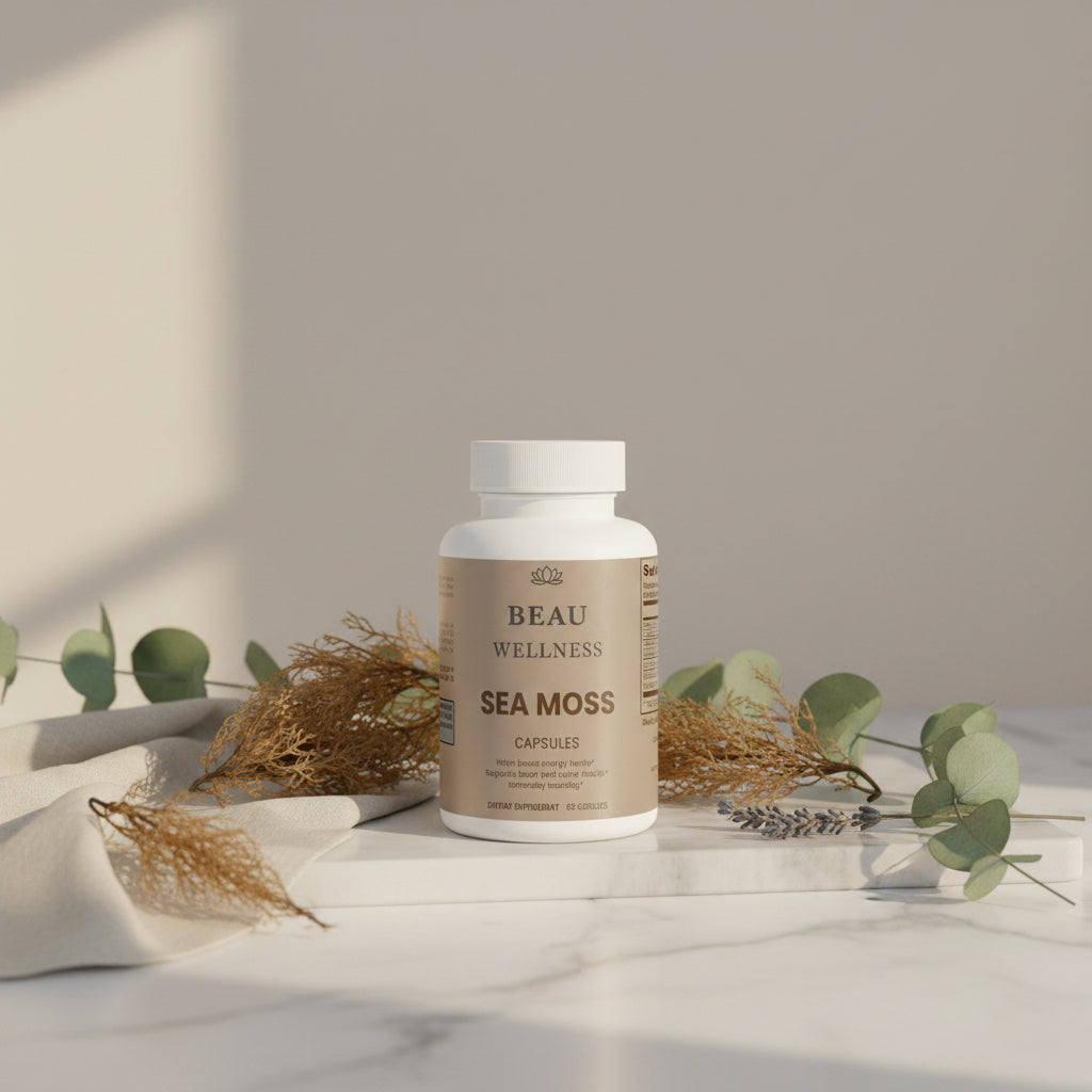 Three bottles of Beau Wellness Organic Sea Moss Capsules with Bladderwrack, Burdock Root, and BioPerine for thyroid, immune, and energy support.