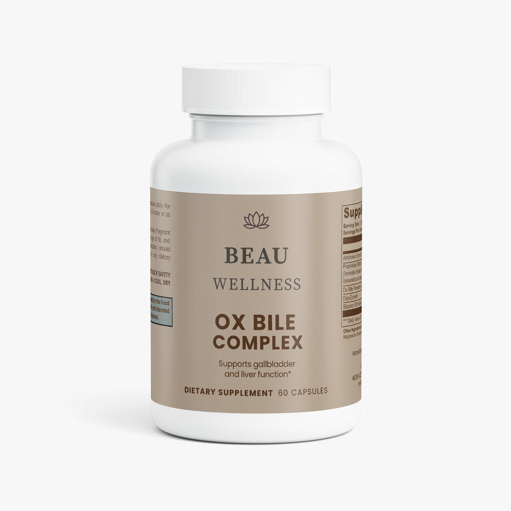 
Beau Wellness Ox Bile Complex capsules with DigeZyme and Artichoke Extract for healthy fat digestion and gallbladder support bottle on white background.