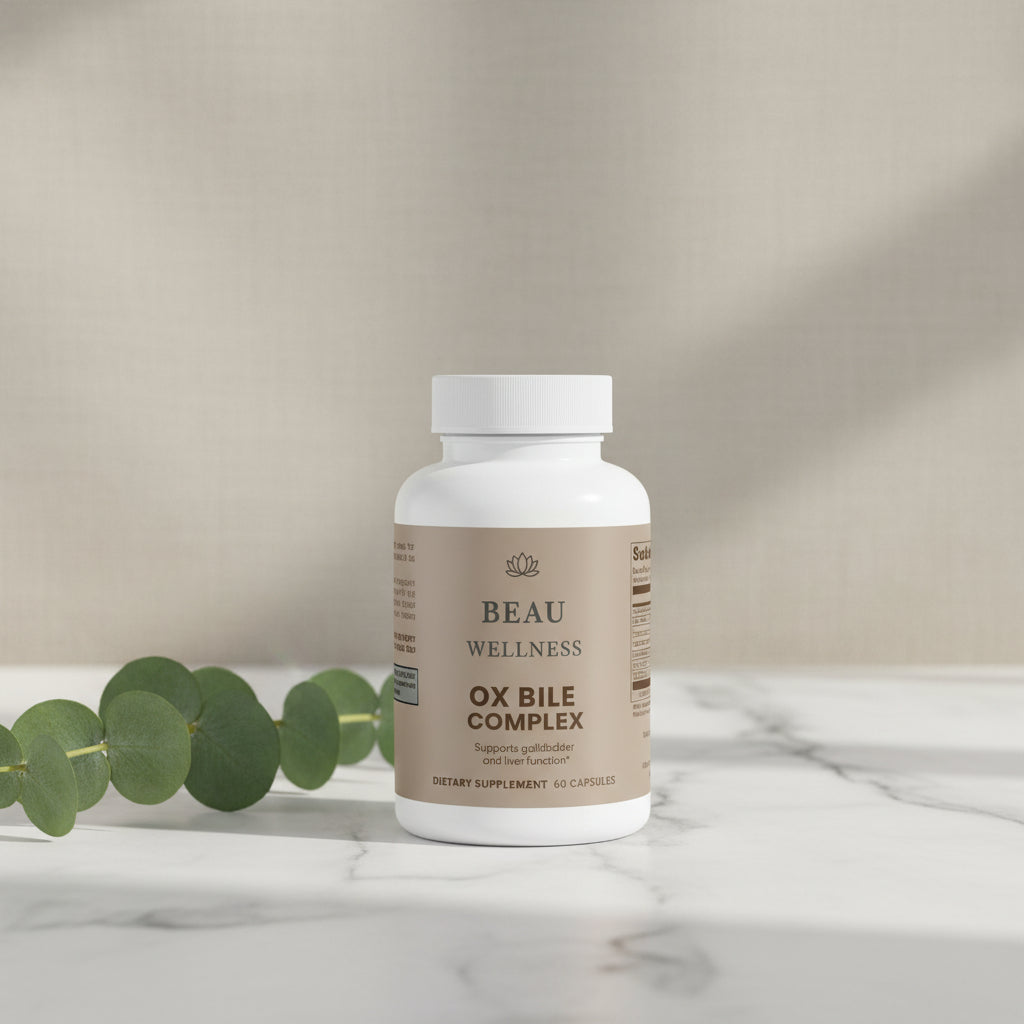 Three bottles of Beau Wellness Ox Bile Complex capsules with DigeZyme and Artichoke Extract for healthy fat digestion and gallbladder support on white background.