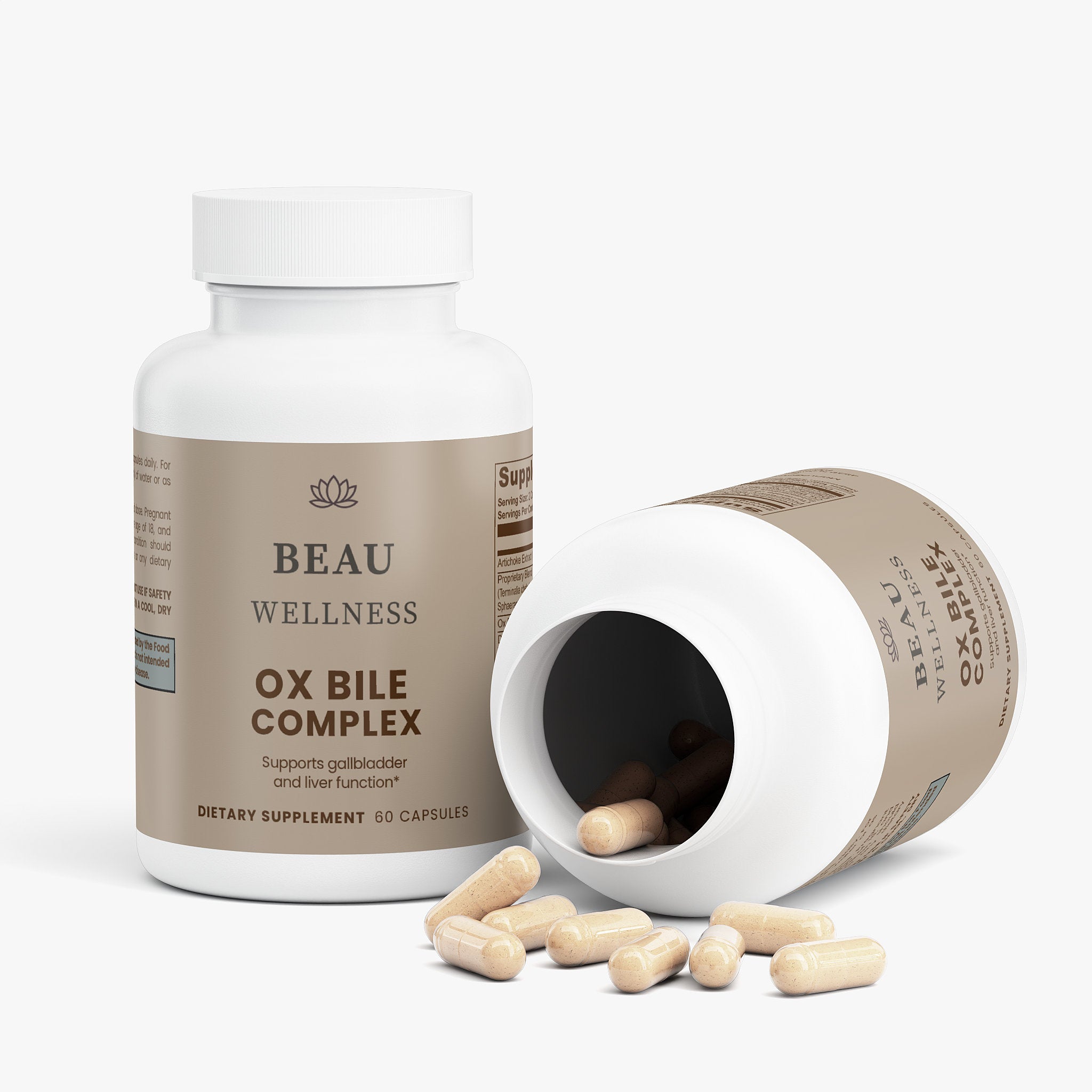Beau Wellness Ox Bile Complex capsules with DigeZyme and Artichoke Extract for healthy fat digestion and gallbladder support two bottles on white background.