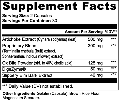 Nutritional label of Ox Bile Complex capsules with DigeZyme and Artichoke Extract for healthy fat digestion and gallbladder support