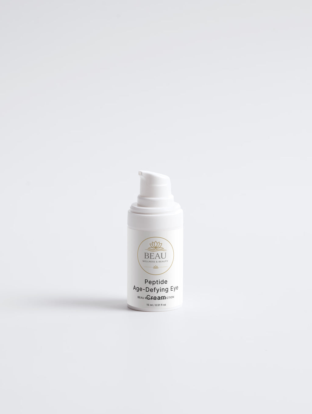 White skincare bottle of Peptide Age-Defying Eye Cream with Beau Wellness & Beauty branding on a white background 