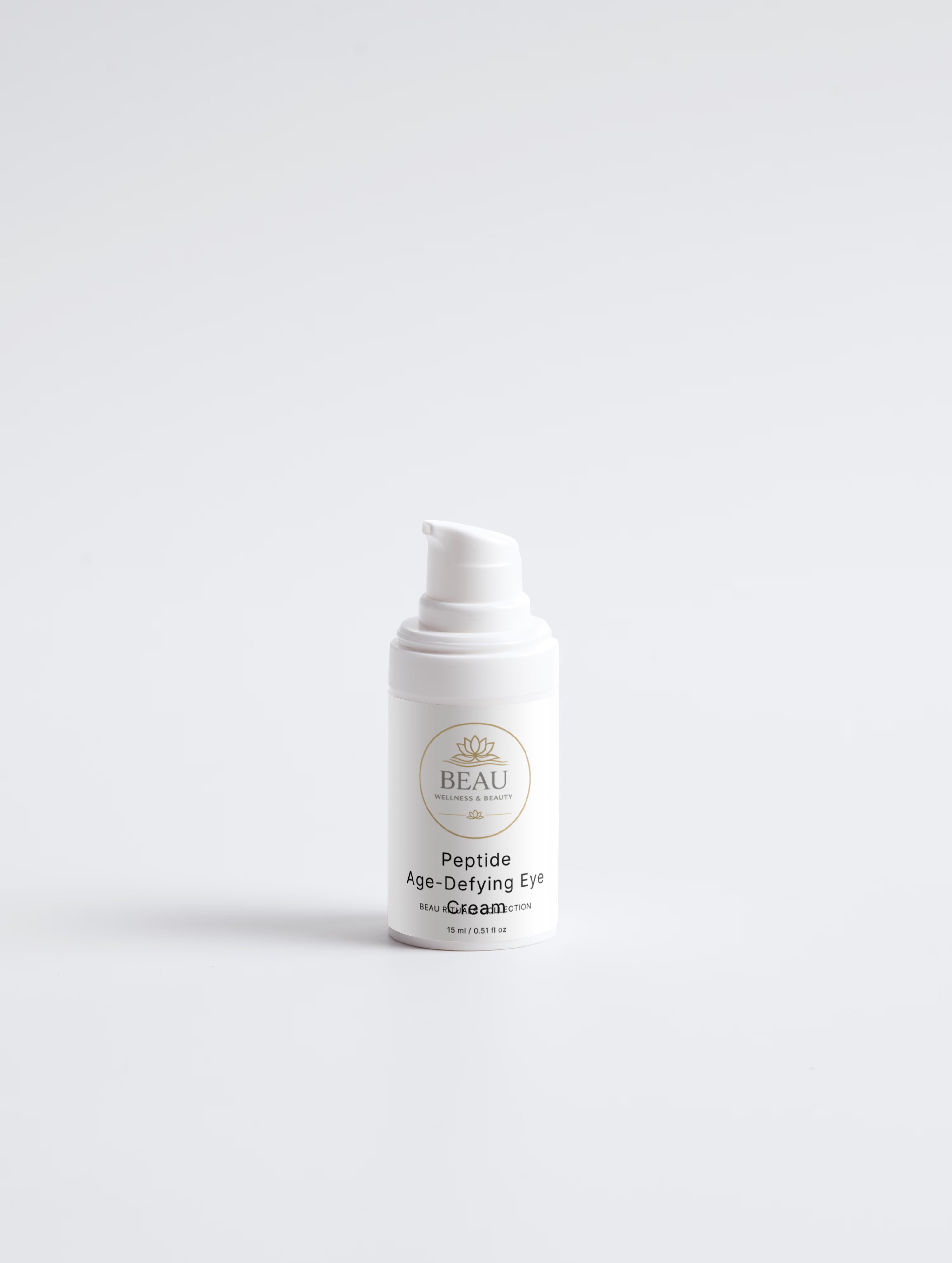 White skincare bottle of Peptide Age-Defying Eye Cream with Beau Wellness & Beauty branding on a white background 