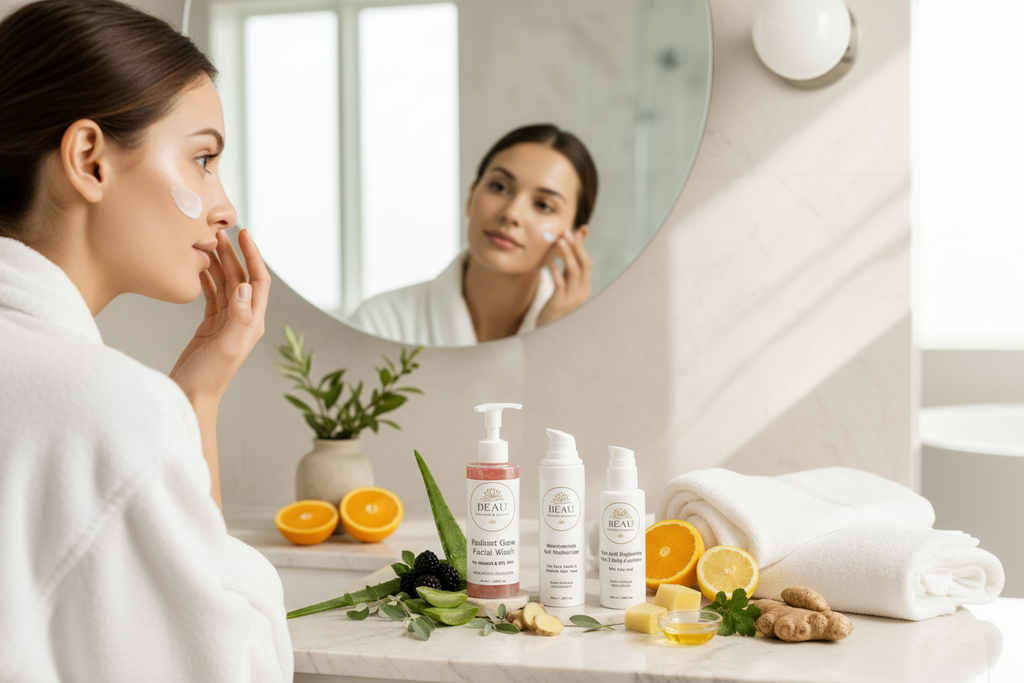 Women in the mirror applying Beau Wellness & Beauty Radiance routine Trio set with fruit and plant botanticals near the proucts
