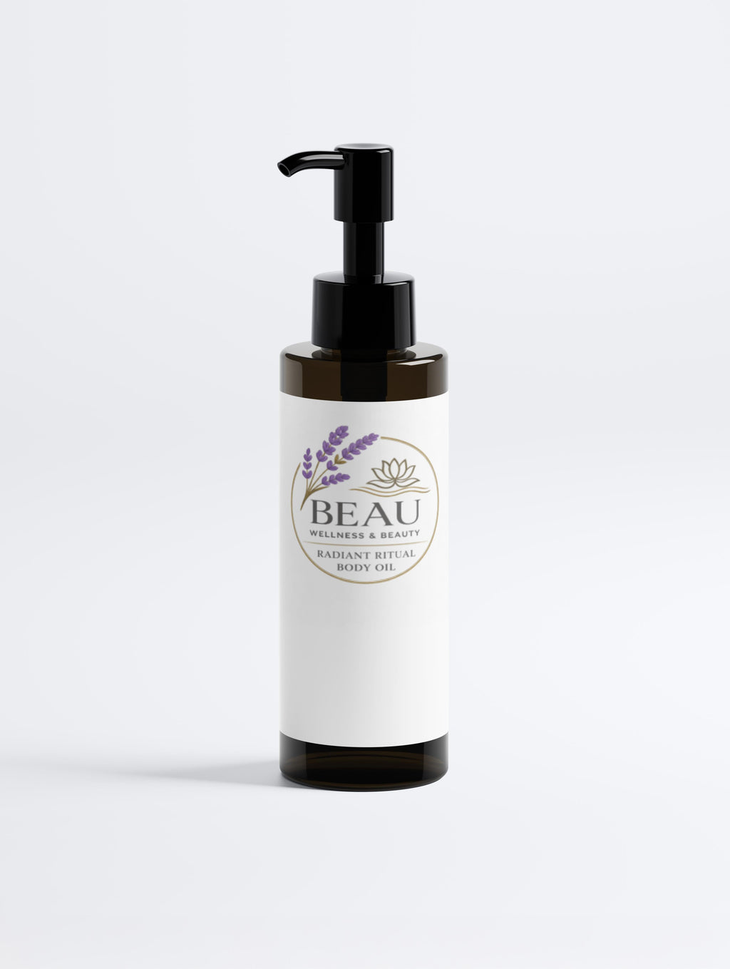 Minimalist white jar of BEAU Omega 6-9 Glowing Skin Body Oil with lavender botanical branding on a clean white background.
