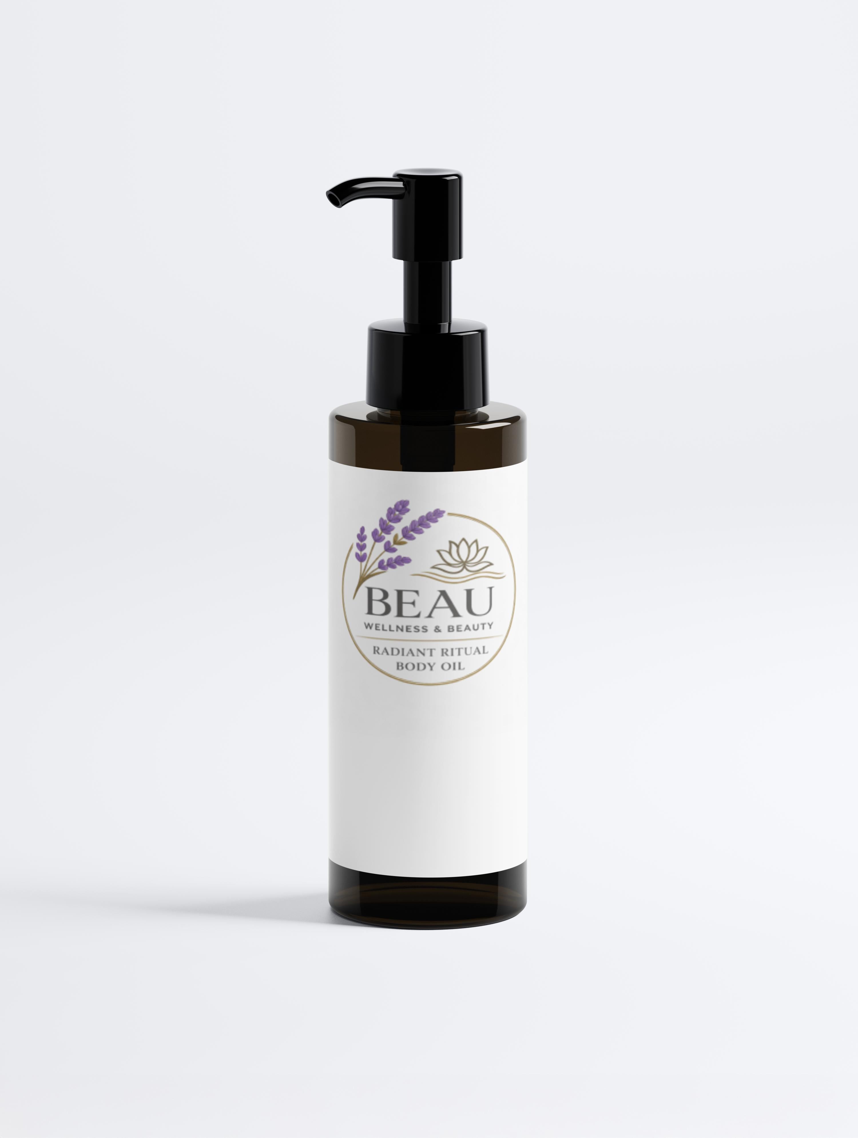 Minimalist white jar of BEAU Omega 6-9 Glowing Skin Body Oil with lavender botanical branding on a clean white background.
