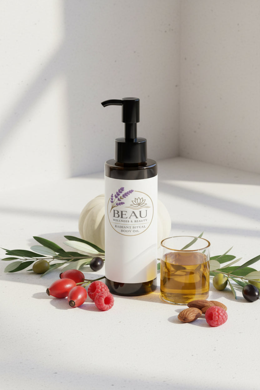 Beau Wellness & Beauty Radiant Ritual Omega 6 9 Oil with rosehip, raspberries, olive branches, almonds, a small white pumpkin behind the bottle and oil.