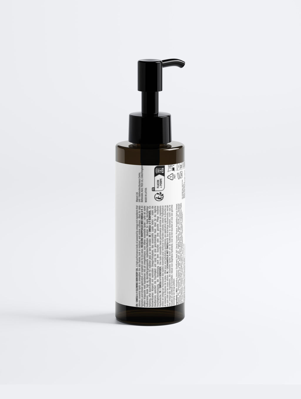 Minimalist white jar of BEAU Omega 6-9 Glowing Skin Body Oil writing and ingredient info branding on a clean white background.
