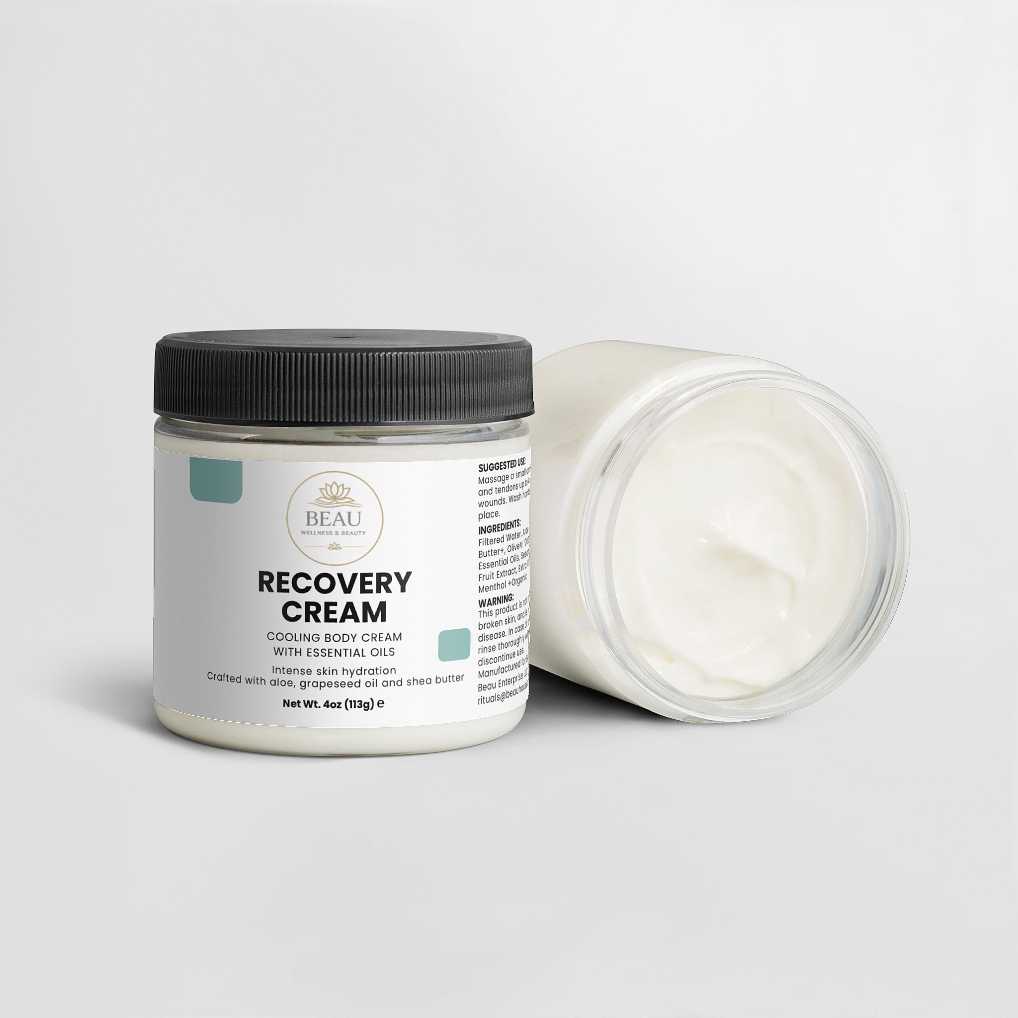 jar of beau wellness & Beauty recovery cream cooling with essential oils