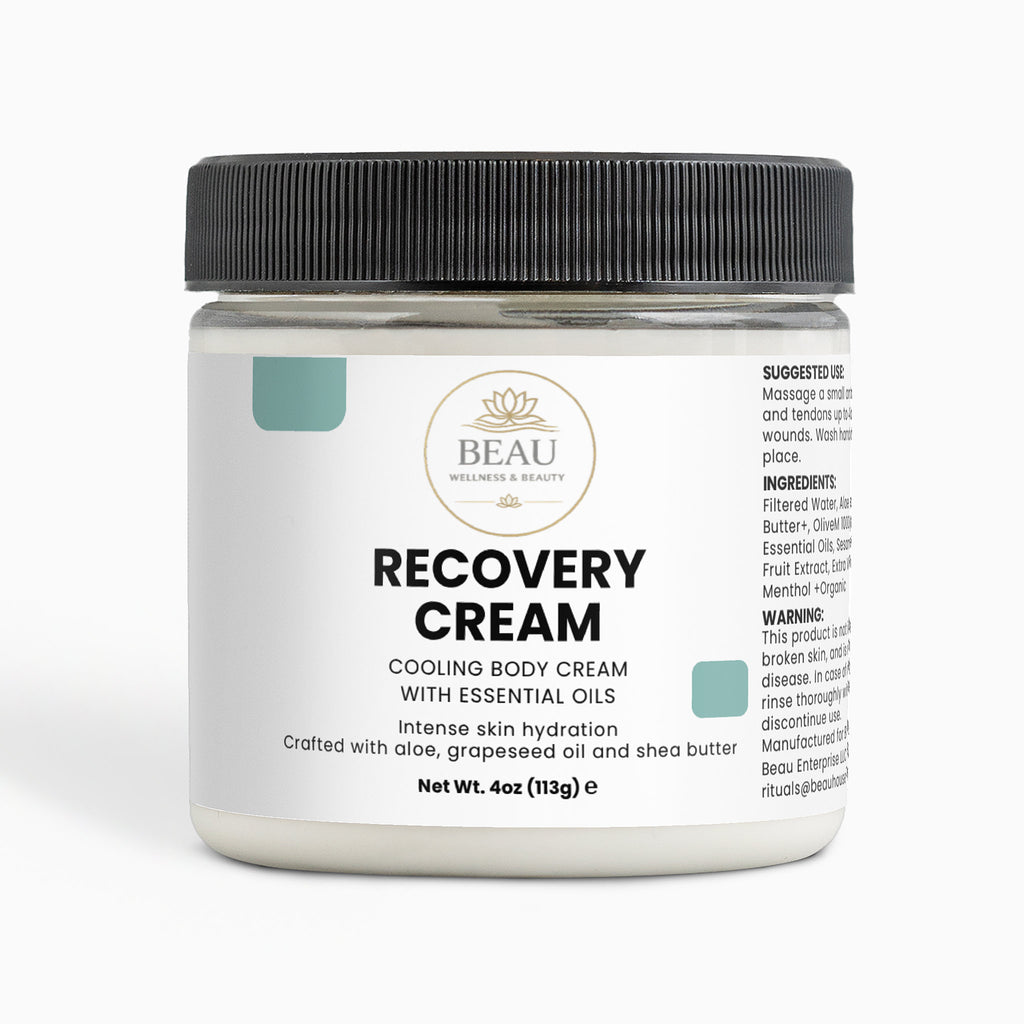 Jar of Beau Recovery Cream cooling body cream  with essential oils on a white background