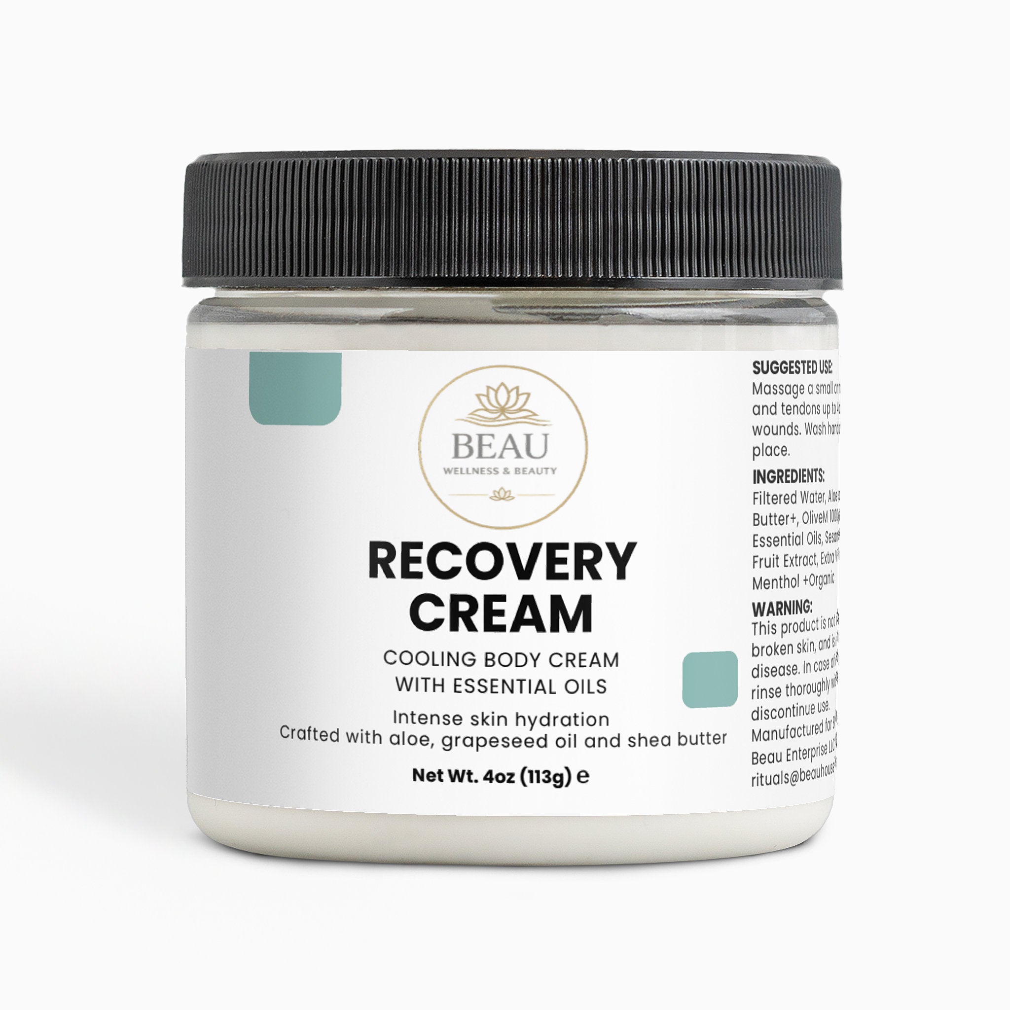 Jar of Beau Recovery Cream cooling body cream  with essential oils on a white background