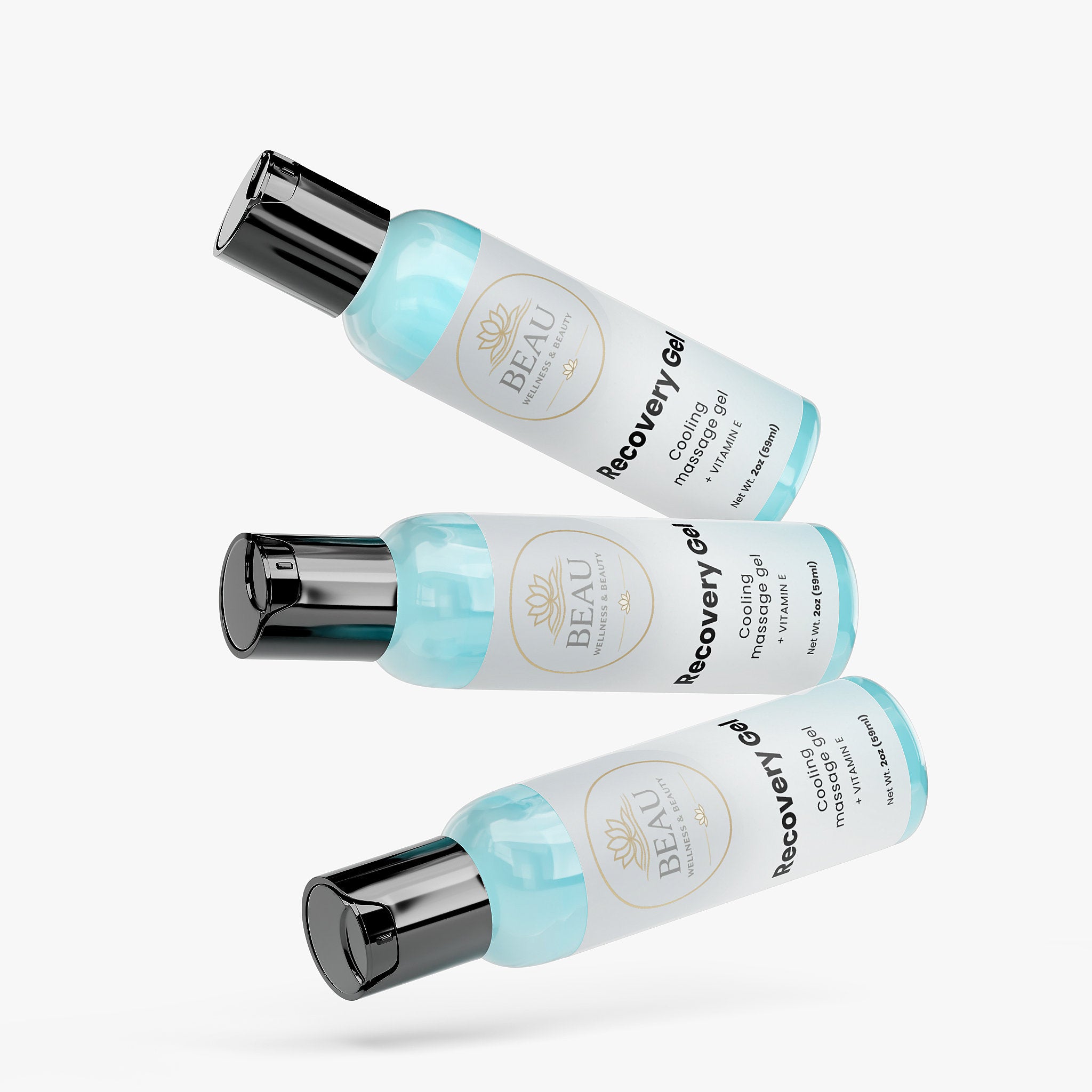 Three bottles of Beau Recovery cooling Gel on a white background