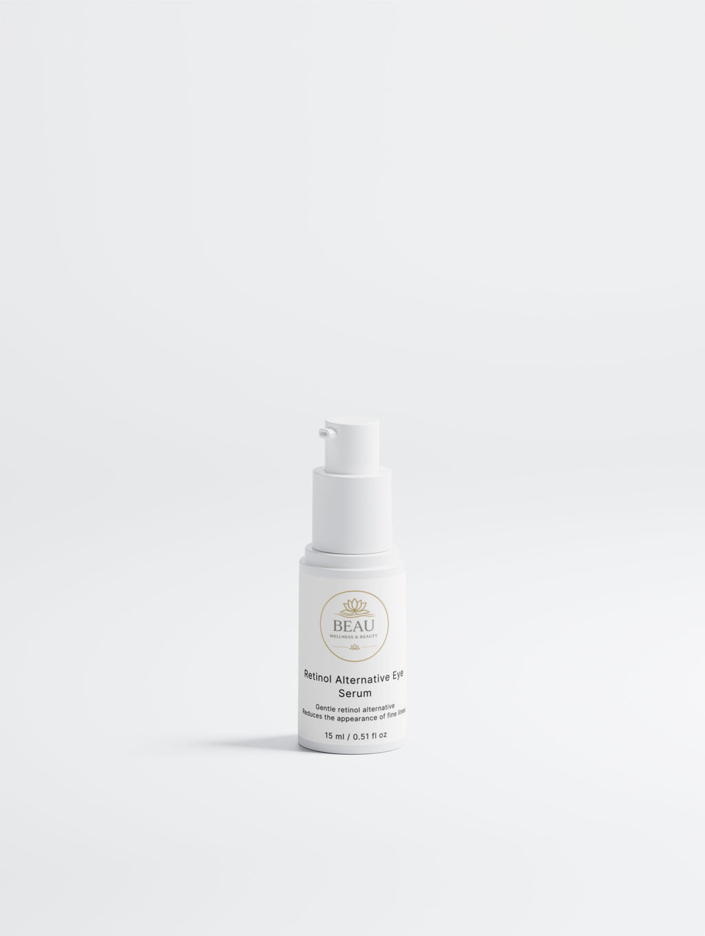 Beau Wellness & Beauty Retinol Alternative Eye Serum bottle and -Natural anti-aging eye treatment with Bidens Pilosa.